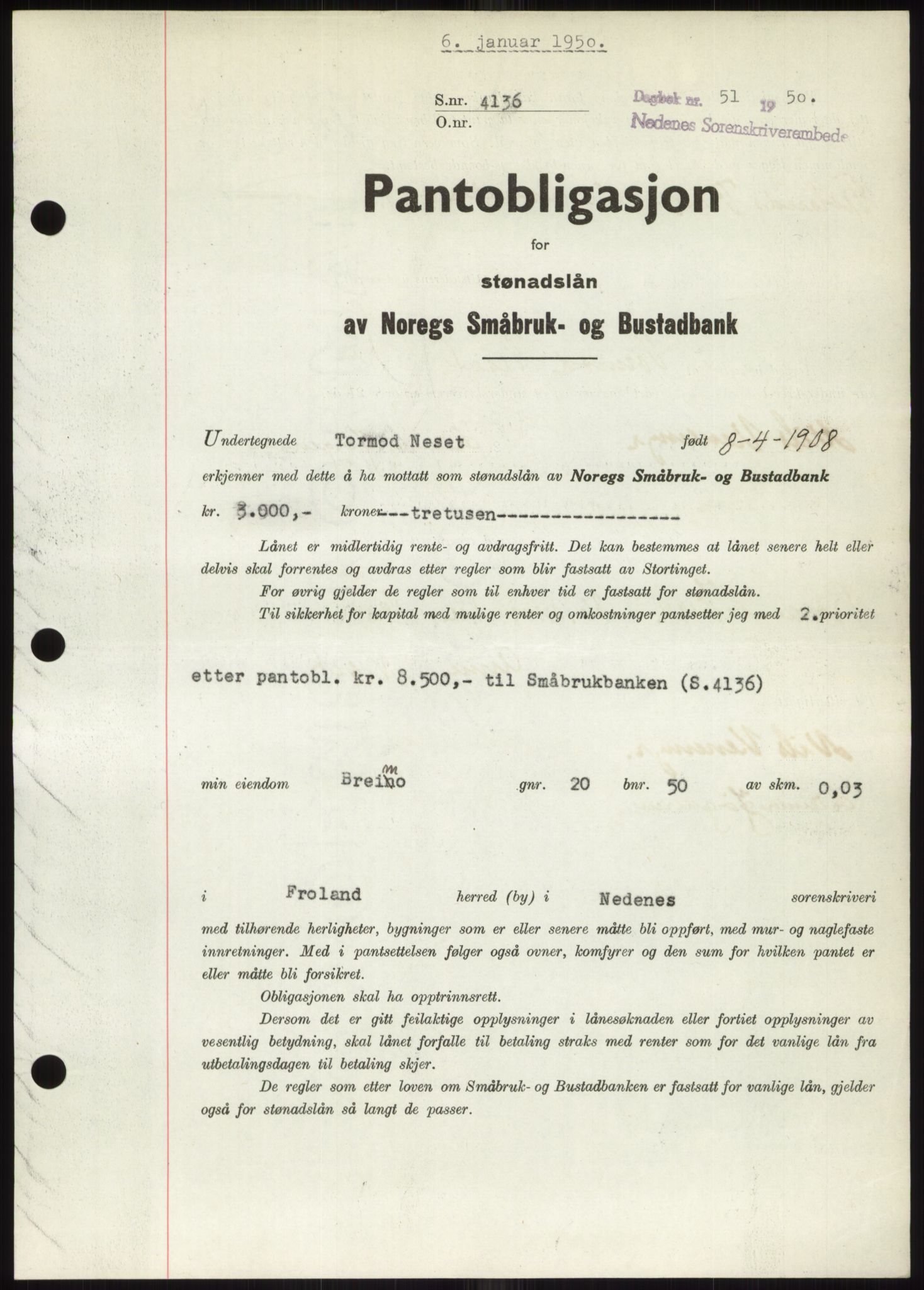 Nedenes sorenskriveri, SAK/1221-0006/G/Gb/Gbb/L0007: Pantebok nr. B7, 1949-1950, Dagboknr: 51/1950