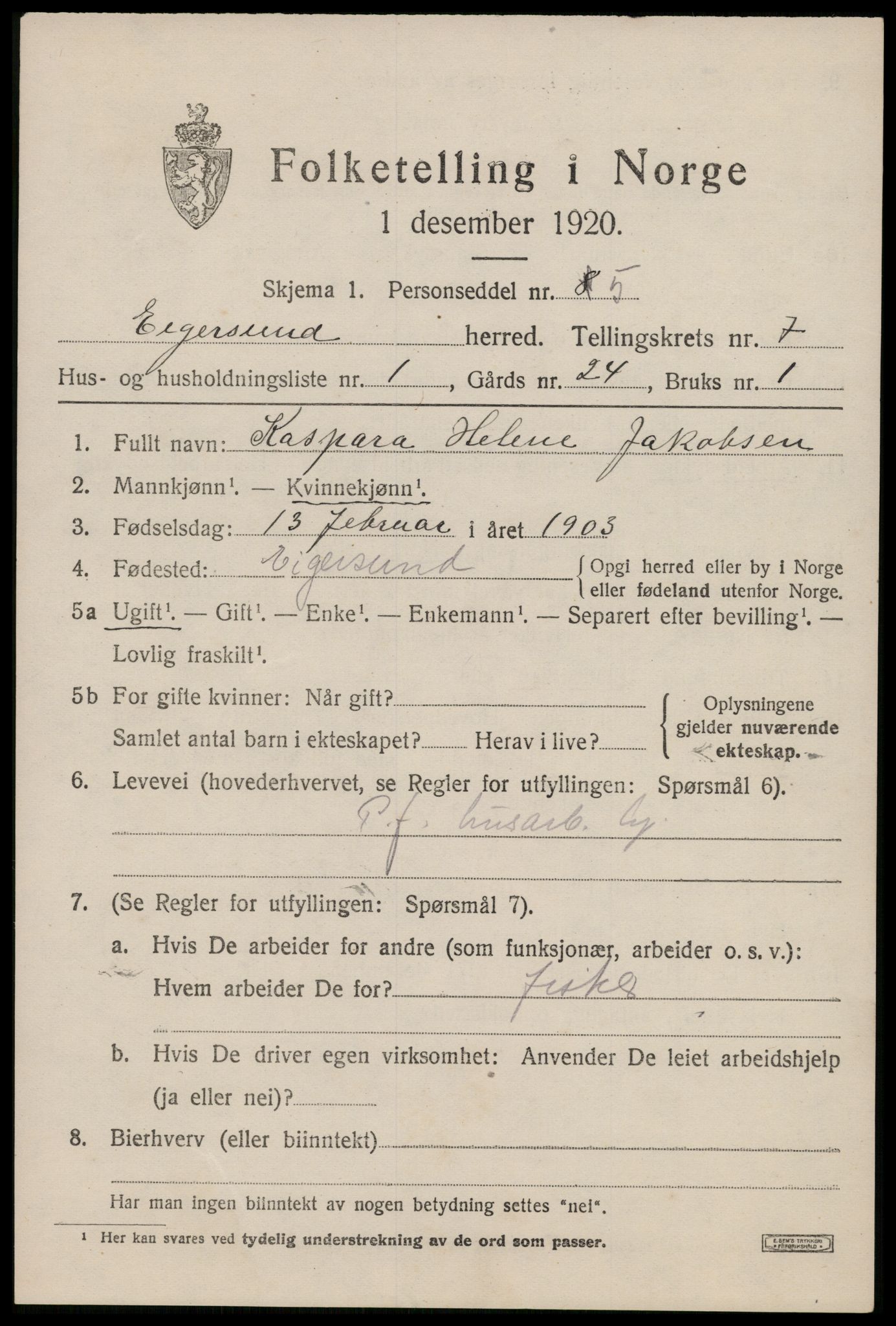 SAST, Folketelling 1920 for 1116 Eigersund herred, 1920, s. 4625