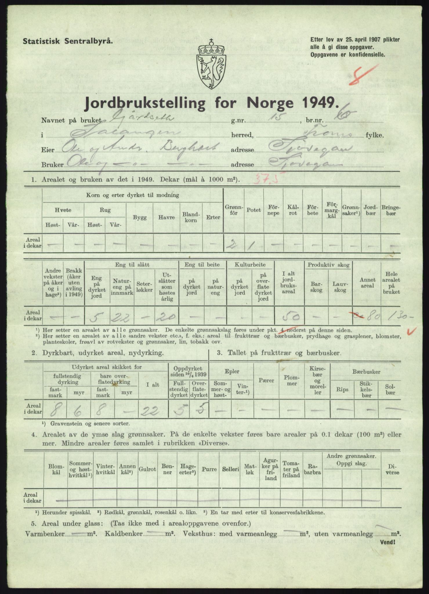 Statistisk sentralbyrå, Næringsøkonomiske emner, Jordbruk, skogbruk, jakt, fiske og fangst, AV/RA-S-2234/G/Gc/L0438: Troms: Salangen og Bardu, 1949, s. 617