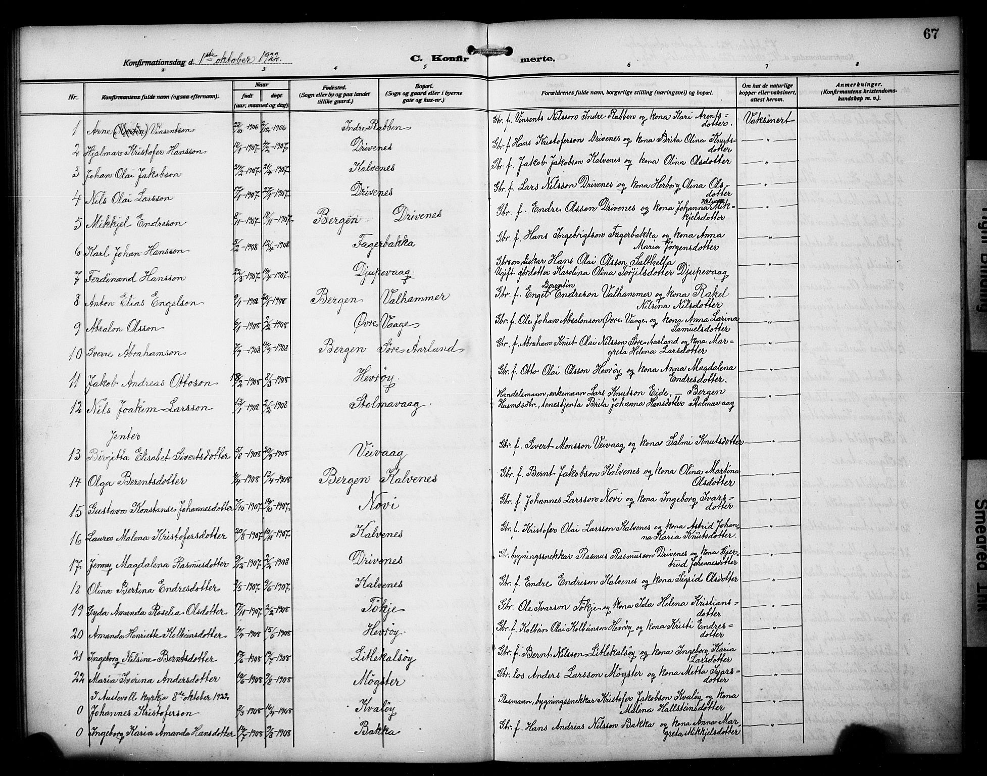 Austevoll sokneprestembete, AV/SAB-A-74201/H/Ha/Hab/Habb/L0006: Klokkerbok nr. B 6, 1911-1925, s. 67