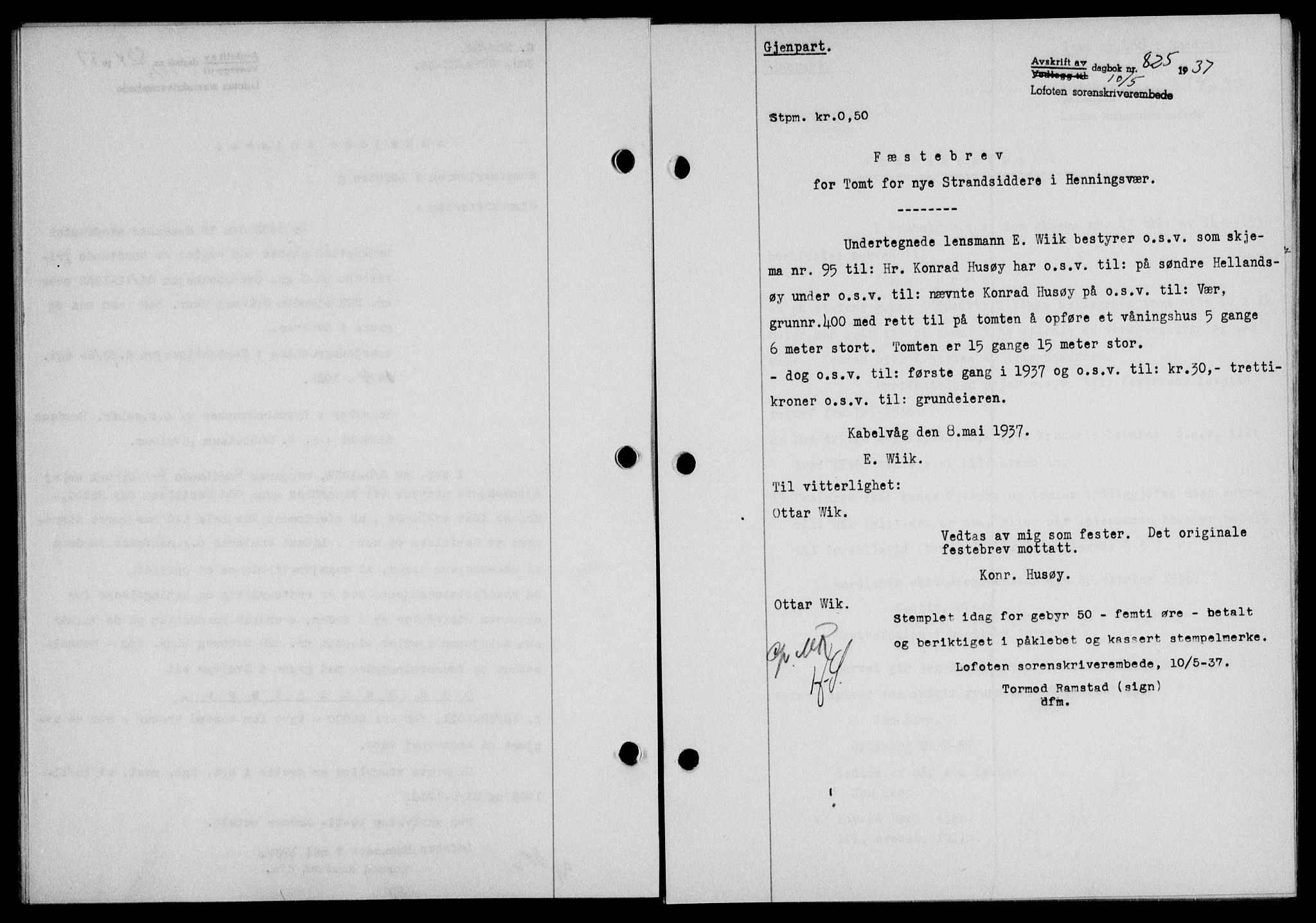 Lofoten sorenskriveri, SAT/A-0017/1/2/2C/L0002a: Pantebok nr. 2a, 1937-1937, Dagboknr: 825/1937