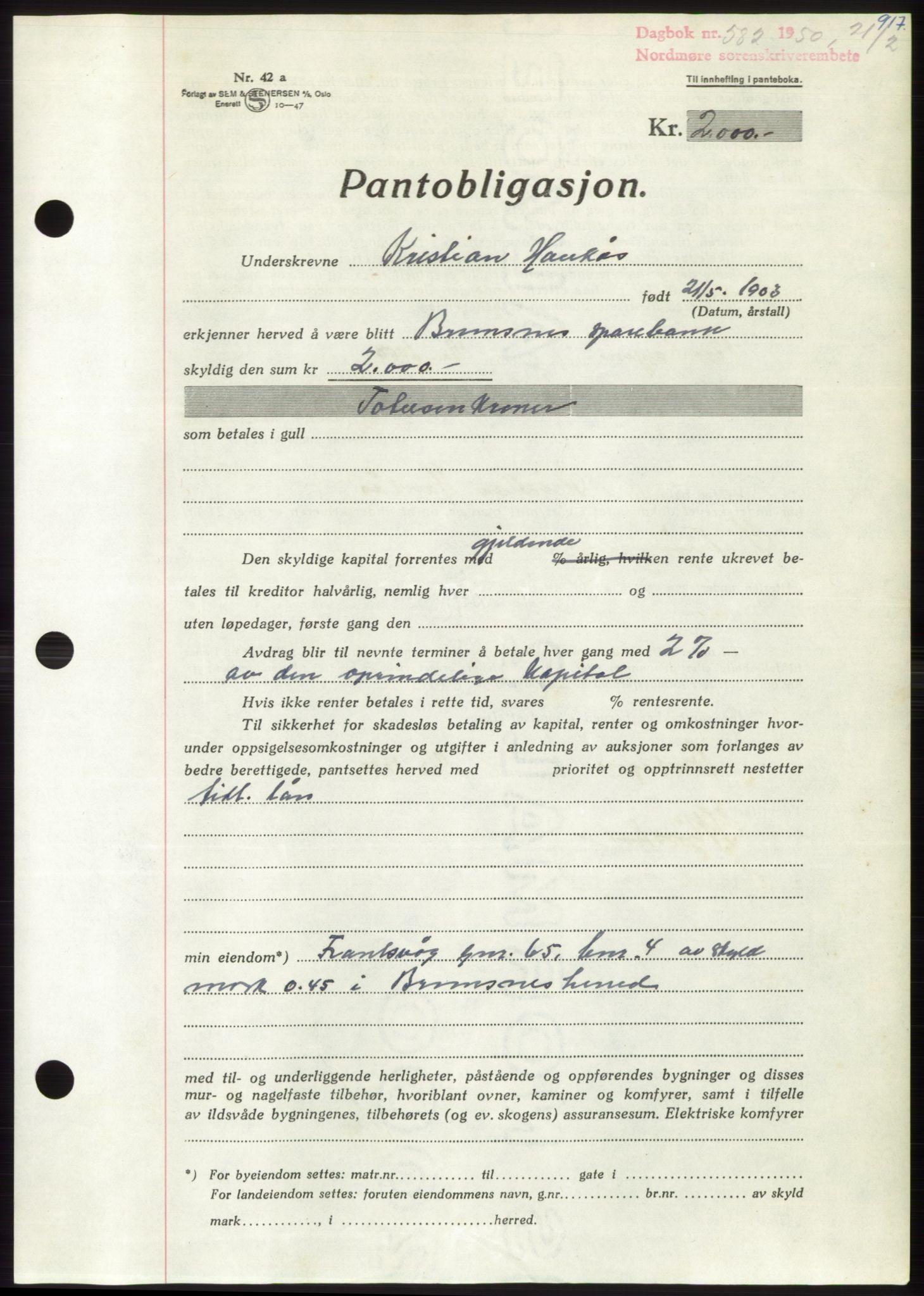 Nordmøre sorenskriveri, SAT/A-4132/1/2/2Ca: Pantebok nr. B103, 1949-1950, Dagboknr: 582/1950