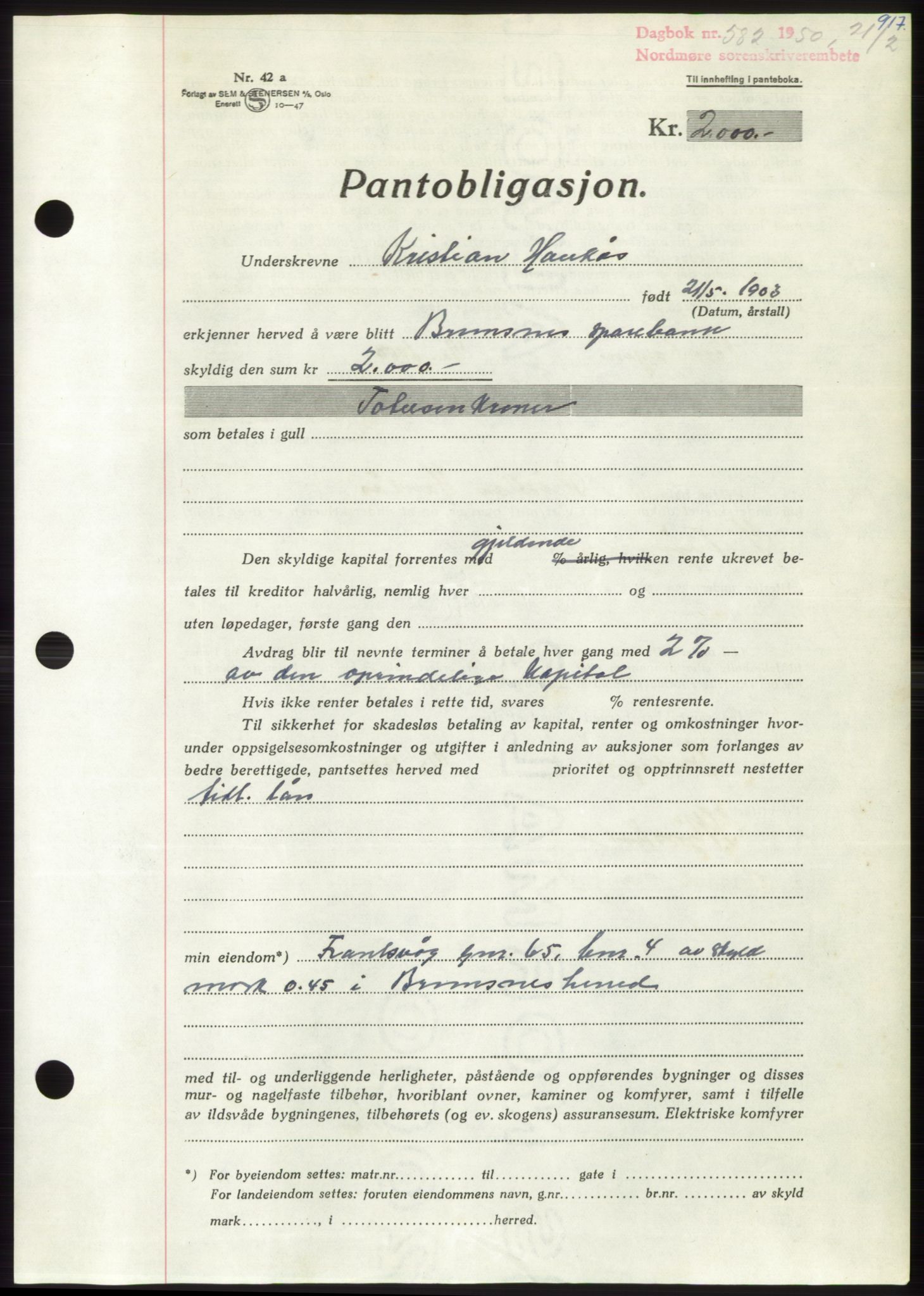 Nordmøre sorenskriveri, AV/SAT-A-4132/1/2/2Ca: Pantebok nr. B103, 1949-1950, Dagboknr: 582/1950