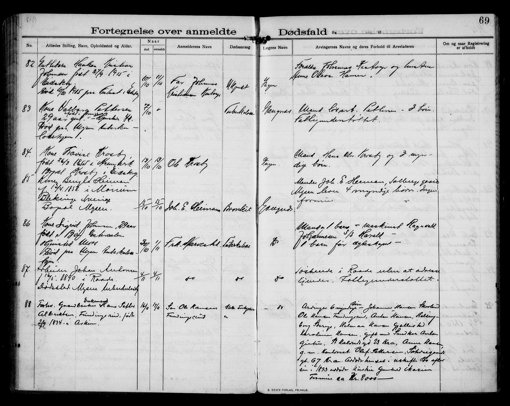 Eidsberg lensmannskontor, AV/SAO-A-10079/H/Ha/Haa/L0001: Dødsfallsprotokoll, 1908-1918, s. 69