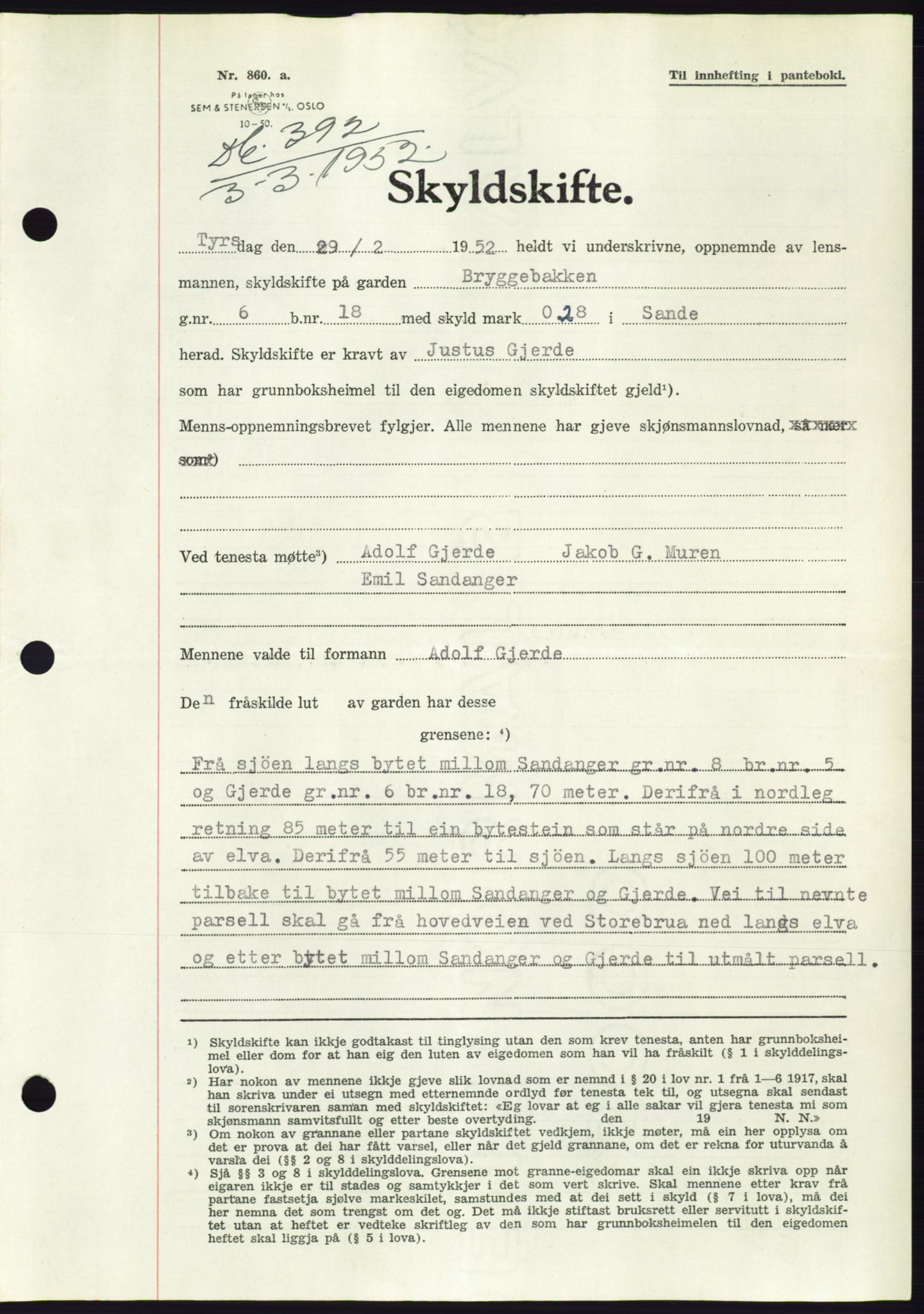 Søre Sunnmøre sorenskriveri, SAT/A-4122/1/2/2C/L0091: Pantebok nr. 17A, 1951-1952, Dagboknr: 392/1952