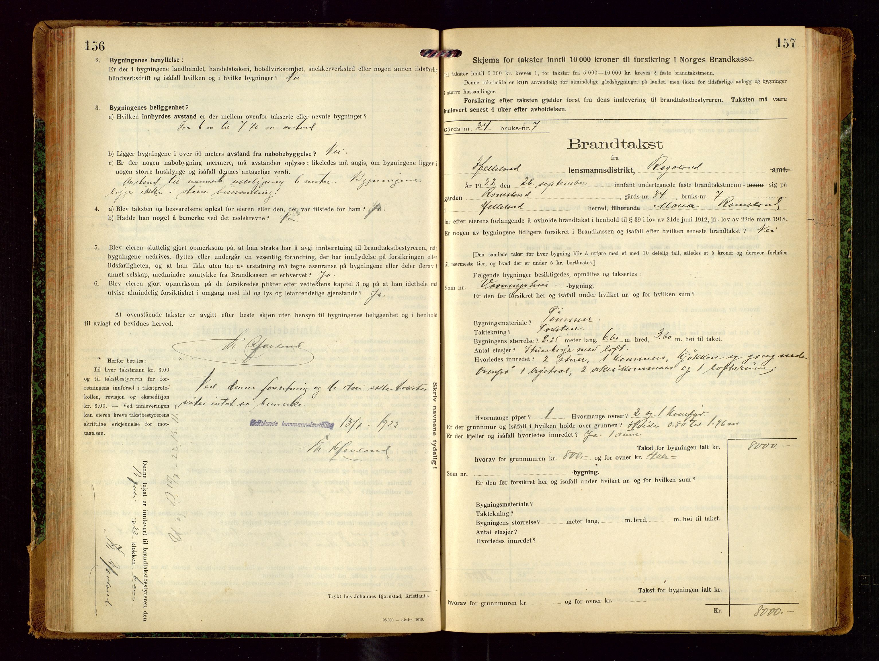 Helleland lensmannskontor, AV/SAST-A-100209/Gob/L0002: "Brandtakstprotokoll", 1921-1930, s. 156-157