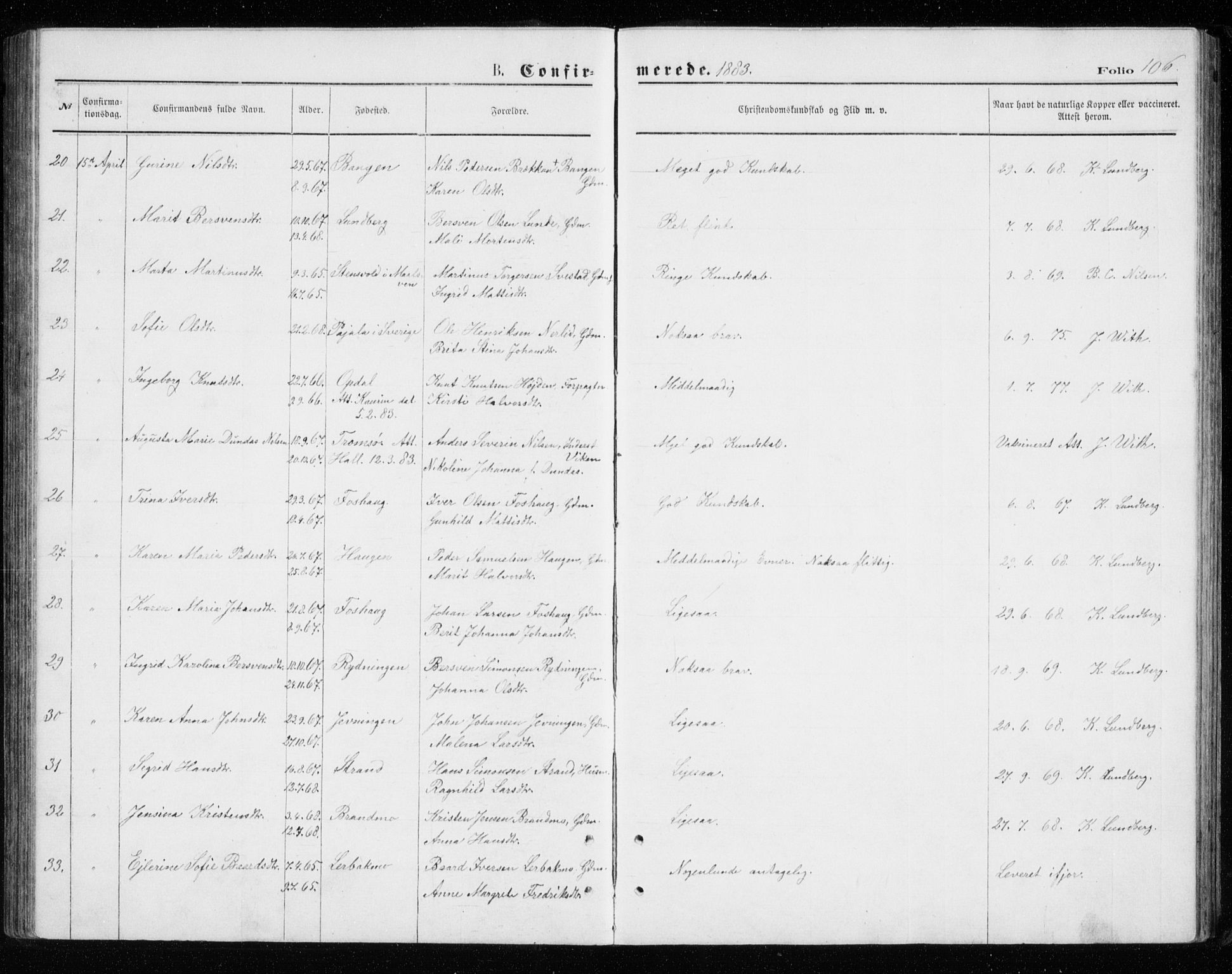 Målselv sokneprestembete, AV/SATØ-S-1311/G/Ga/Gab/L0007klokker: Klokkerbok nr. 7, 1876-1895, s. 106