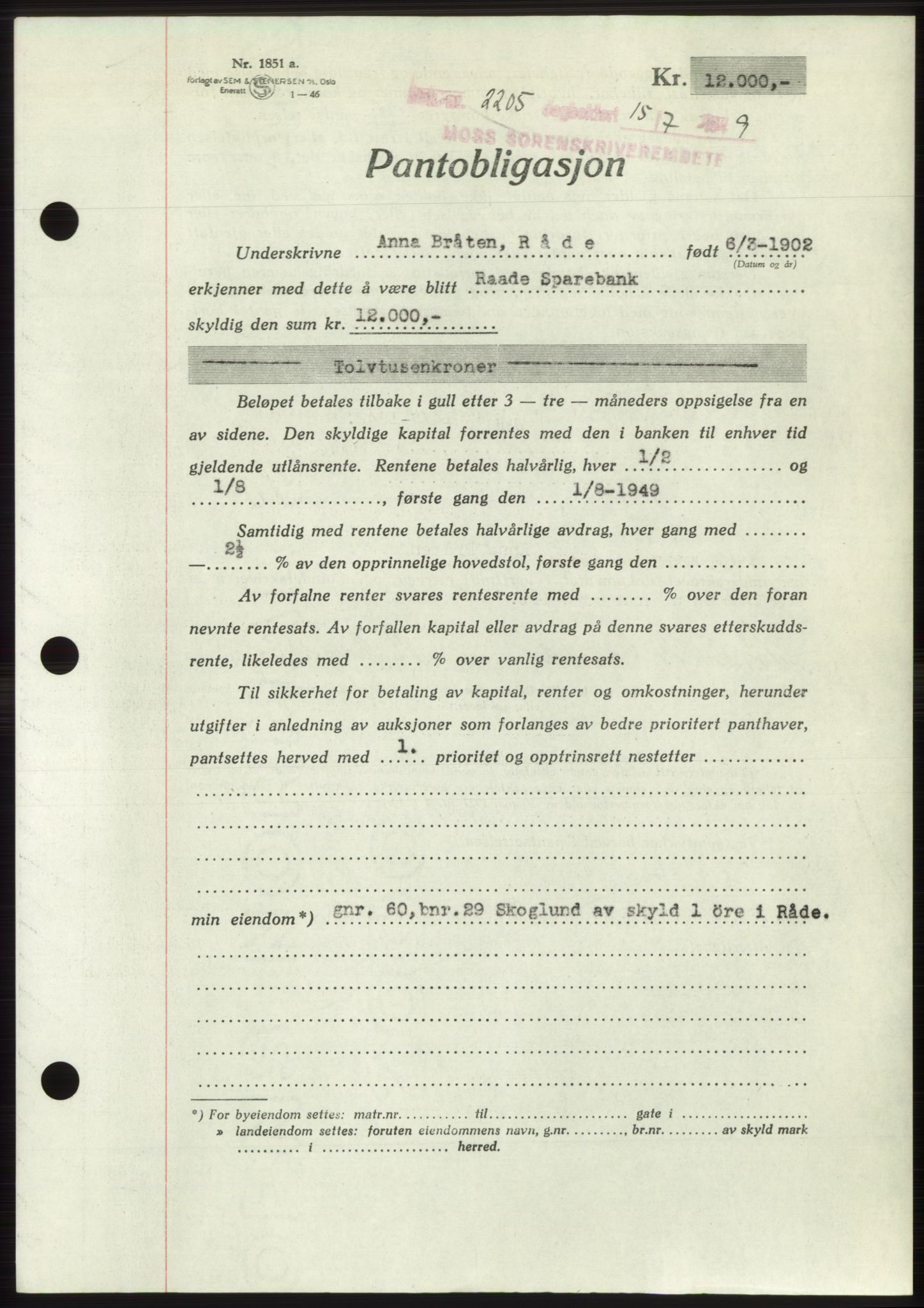 Moss sorenskriveri, SAO/A-10168: Pantebok nr. B22, 1949-1949, Dagboknr: 2205/1949