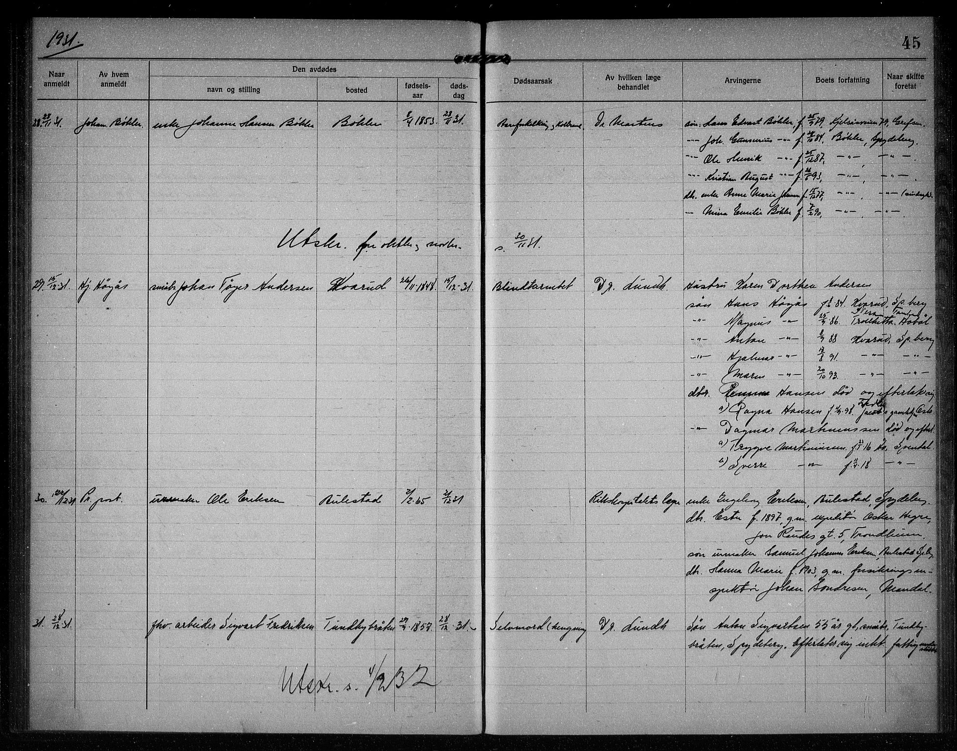 Spydeberg lensmannsarkiv, AV/SAO-A-10635/H/Ha/L0004: Dødsfallsprotokoll, 1922-1942, s. 45