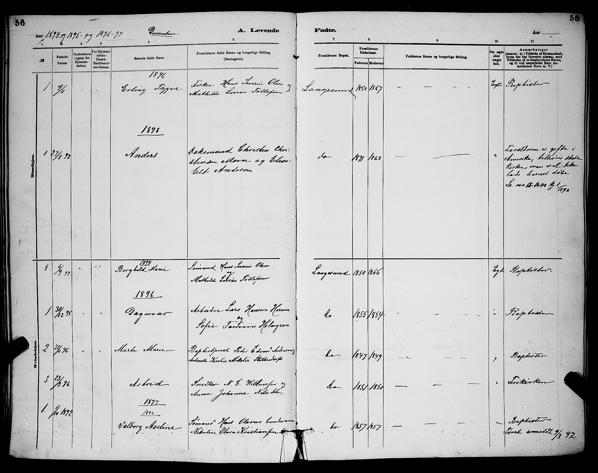 Langesund kirkebøker, AV/SAKO-A-280/G/Ga/L0005: Klokkerbok nr. 5, 1884-1898, s. 56