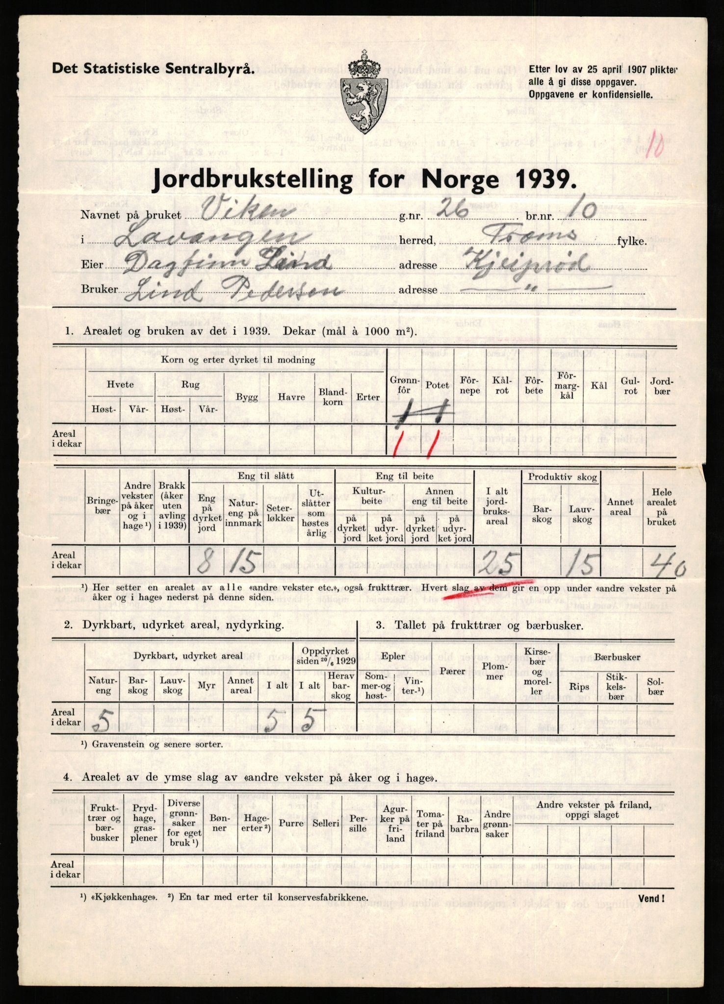 Statistisk sentralbyrå, Næringsøkonomiske emner, Jordbruk, skogbruk, jakt, fiske og fangst, AV/RA-S-2234/G/Gb/L0339: Troms: Andørja, Astafjord og Lavangen, 1939, s. 1008