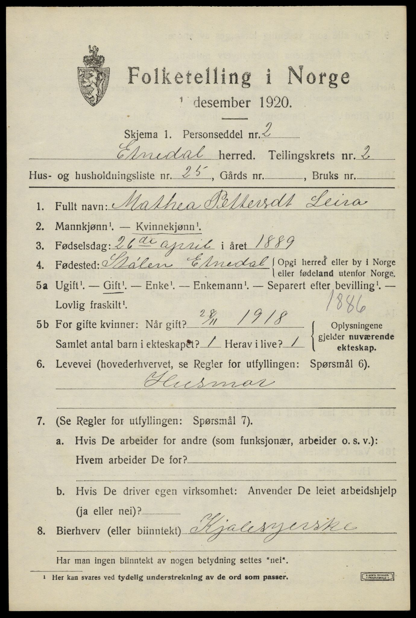 SAH, Folketelling 1920 for 0541 Etnedal herred, 1920, s. 1290