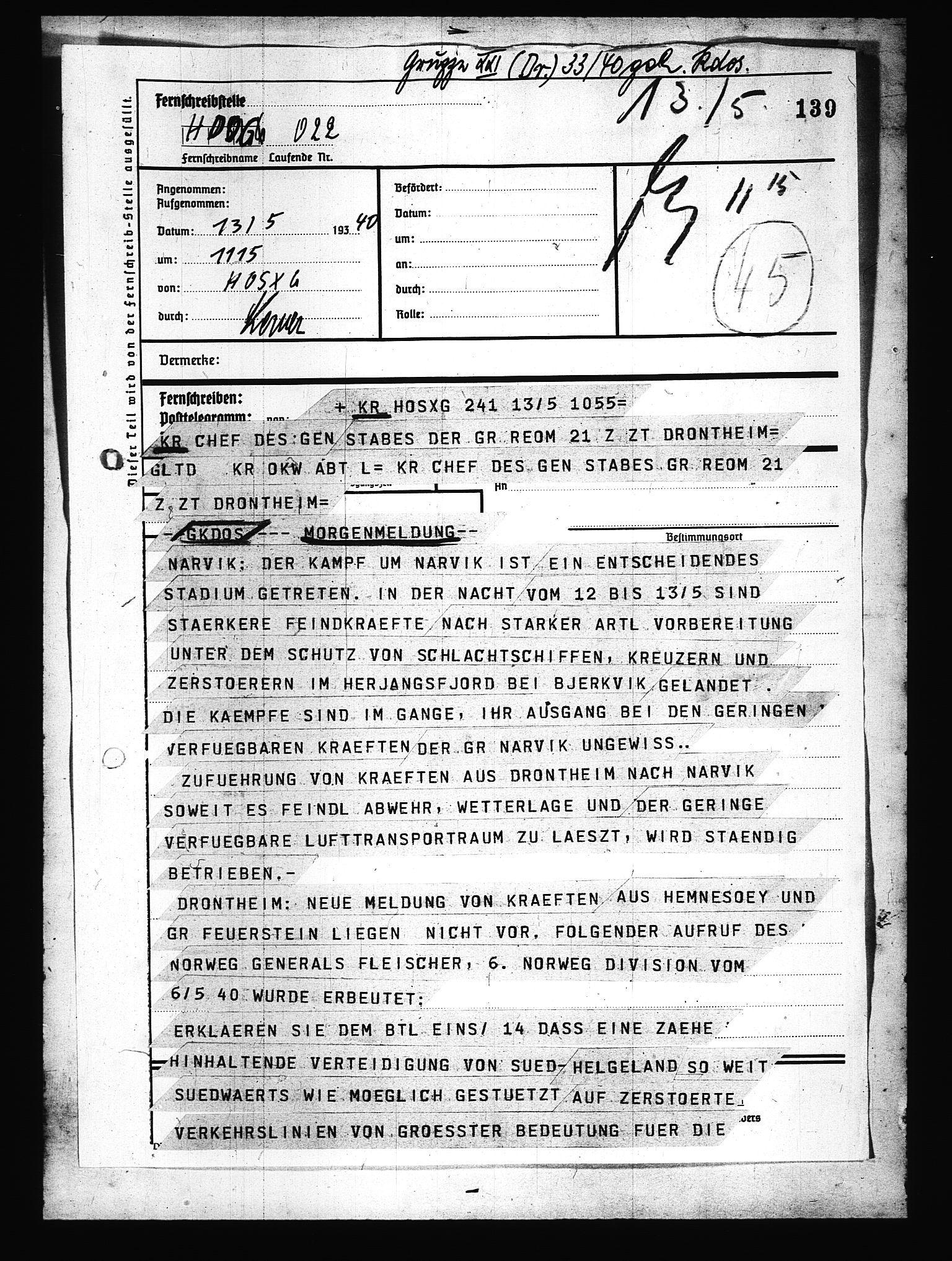 Documents Section, AV/RA-RAFA-2200/V/L0080: Amerikansk mikrofilm "Captured German Documents".
Box No. 719.  FKA jnr. 619/1954., 1940, s. 1