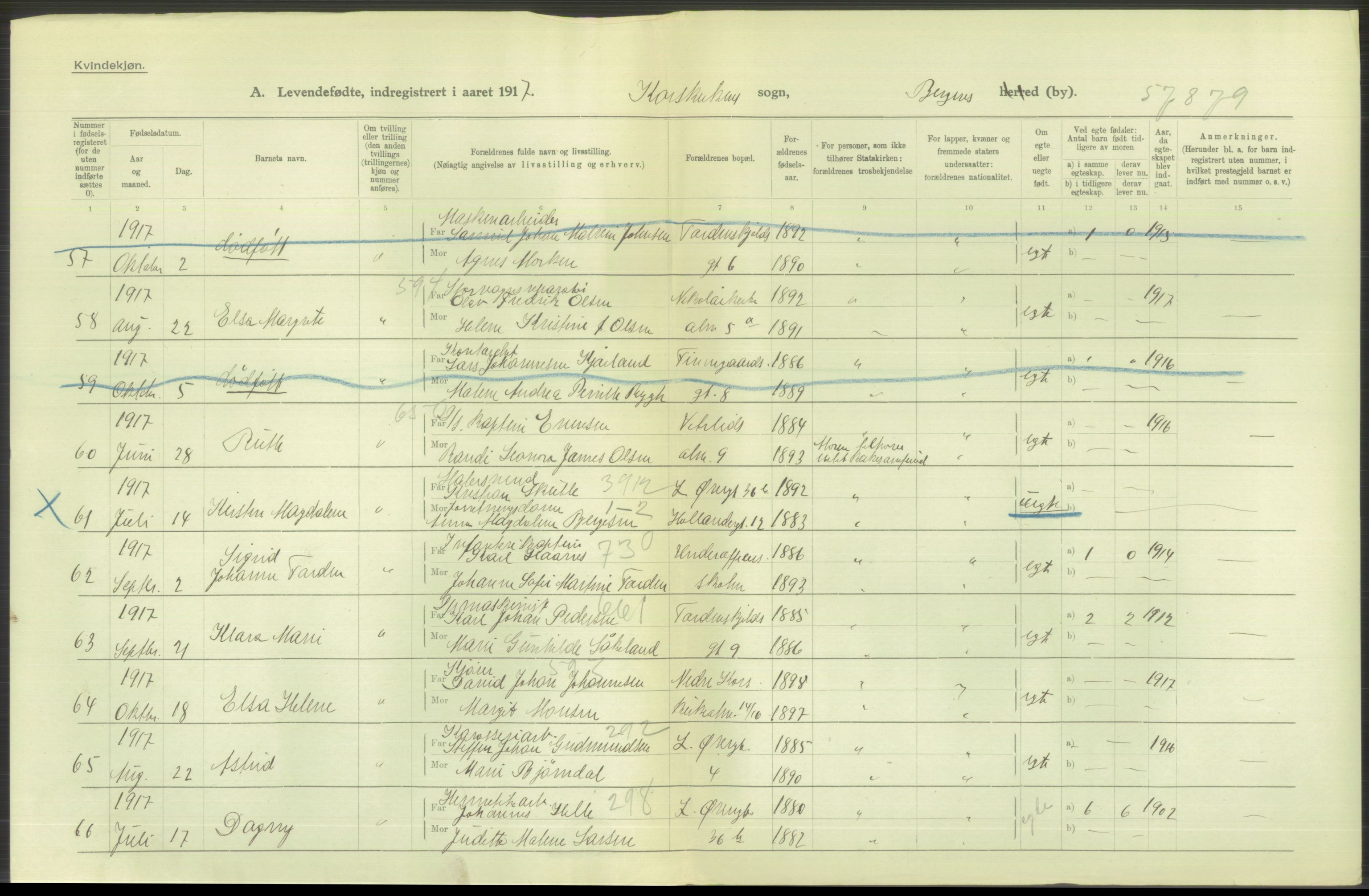 Statistisk sentralbyrå, Sosiodemografiske emner, Befolkning, AV/RA-S-2228/D/Df/Dfb/Dfbg/L0037: Bergen: Levendefødte menn og kvinner., 1917, s. 376