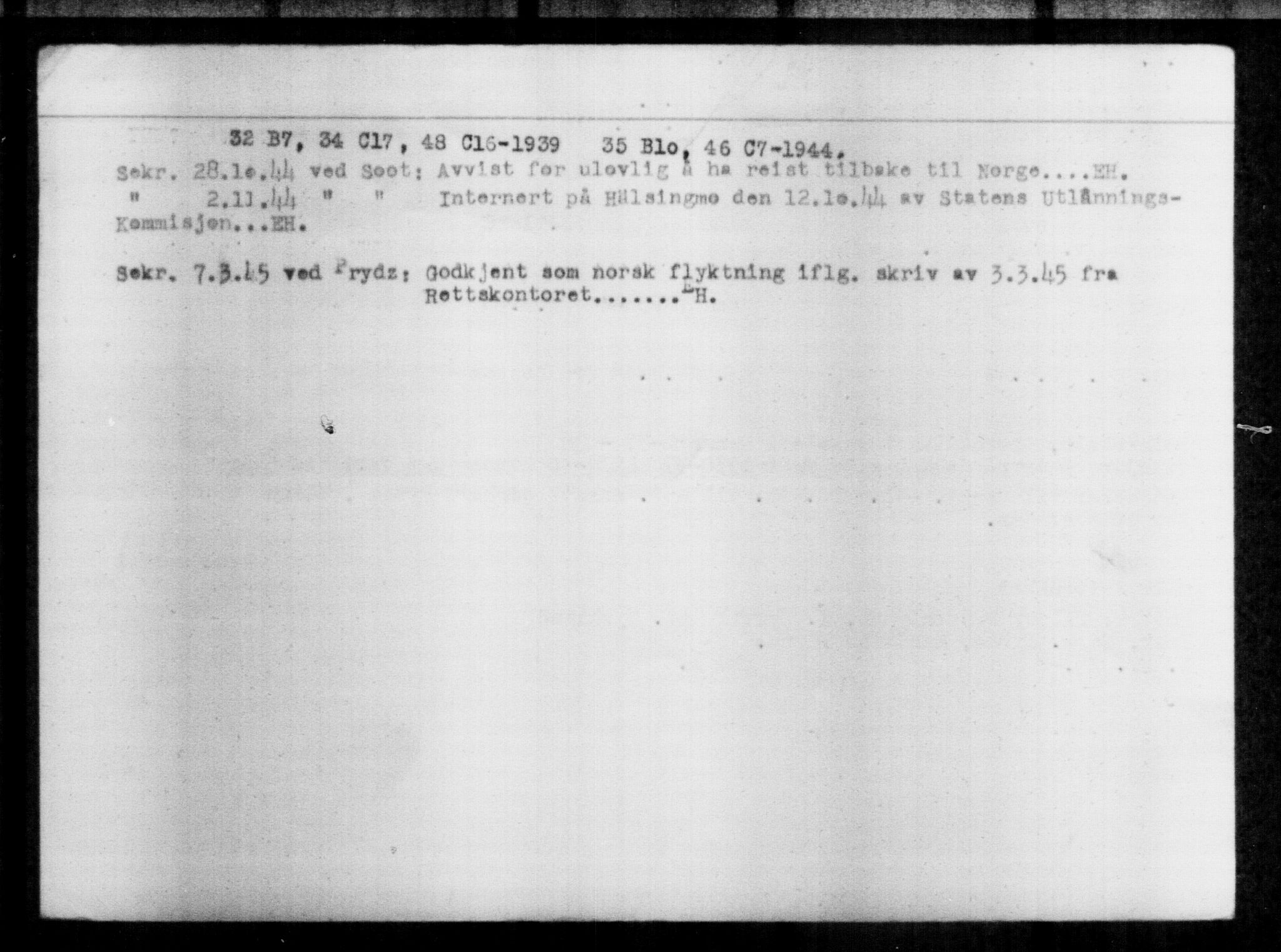 Utenriksstasjonene, Legasjonen i Stockholm, Flyktningkontoret, AV/RA-S-6753/V/Va/L0013: Kjesäterkartoteket, flyktninger med registreringsnr. 31500-34731, 1940-1945, s. 2165