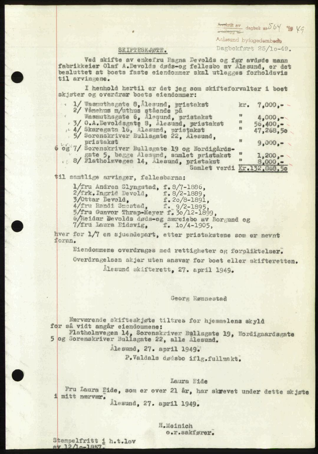 Ålesund byfogd, AV/SAT-A-4384: Pantebok nr. 37A (2), 1949-1950, Dagboknr: 564/1949