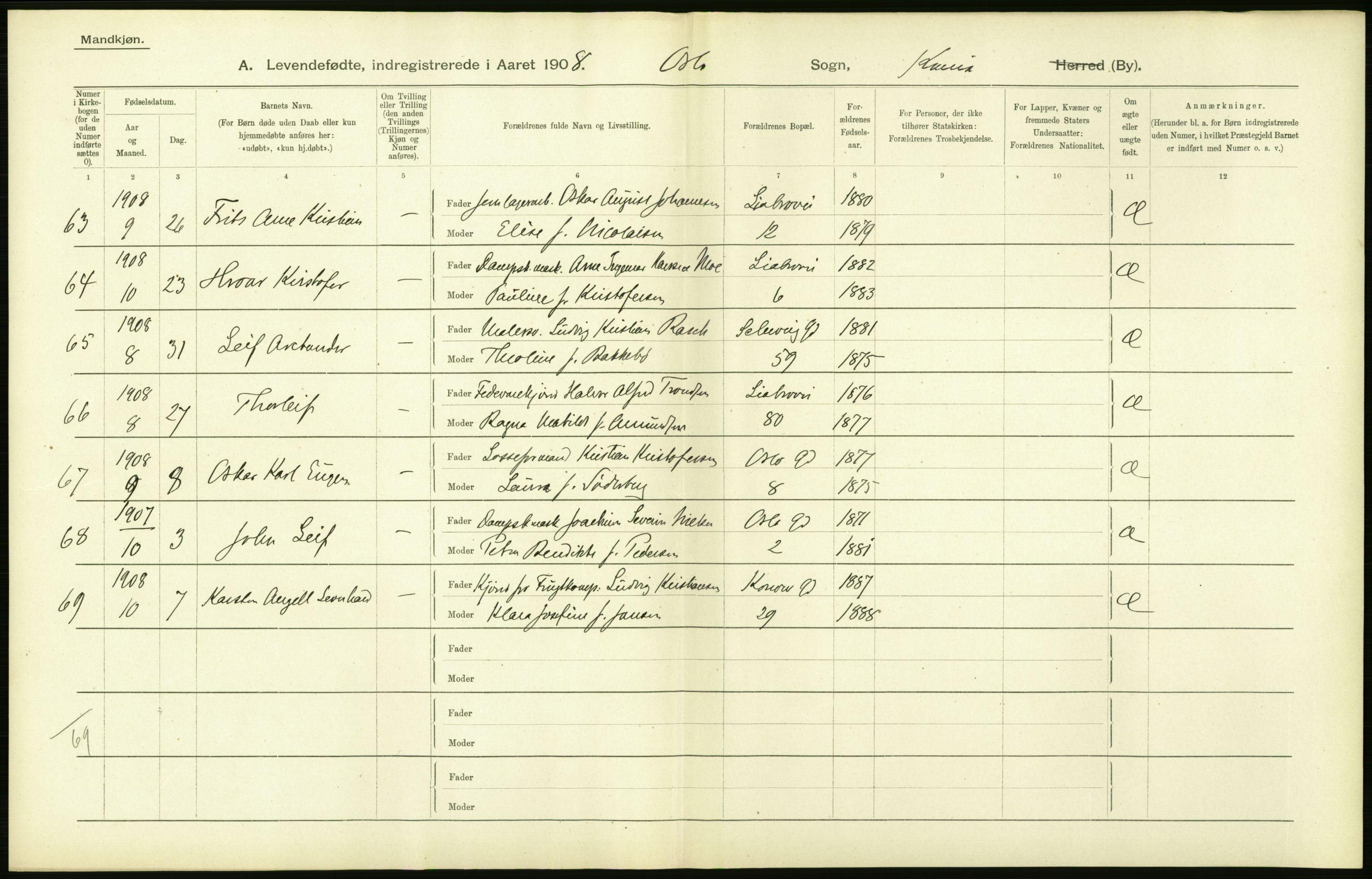 Statistisk sentralbyrå, Sosiodemografiske emner, Befolkning, AV/RA-S-2228/D/Df/Dfa/Dfaf/L0005: Kristiania: Levendefødte menn og kvinner., 1908, s. 78