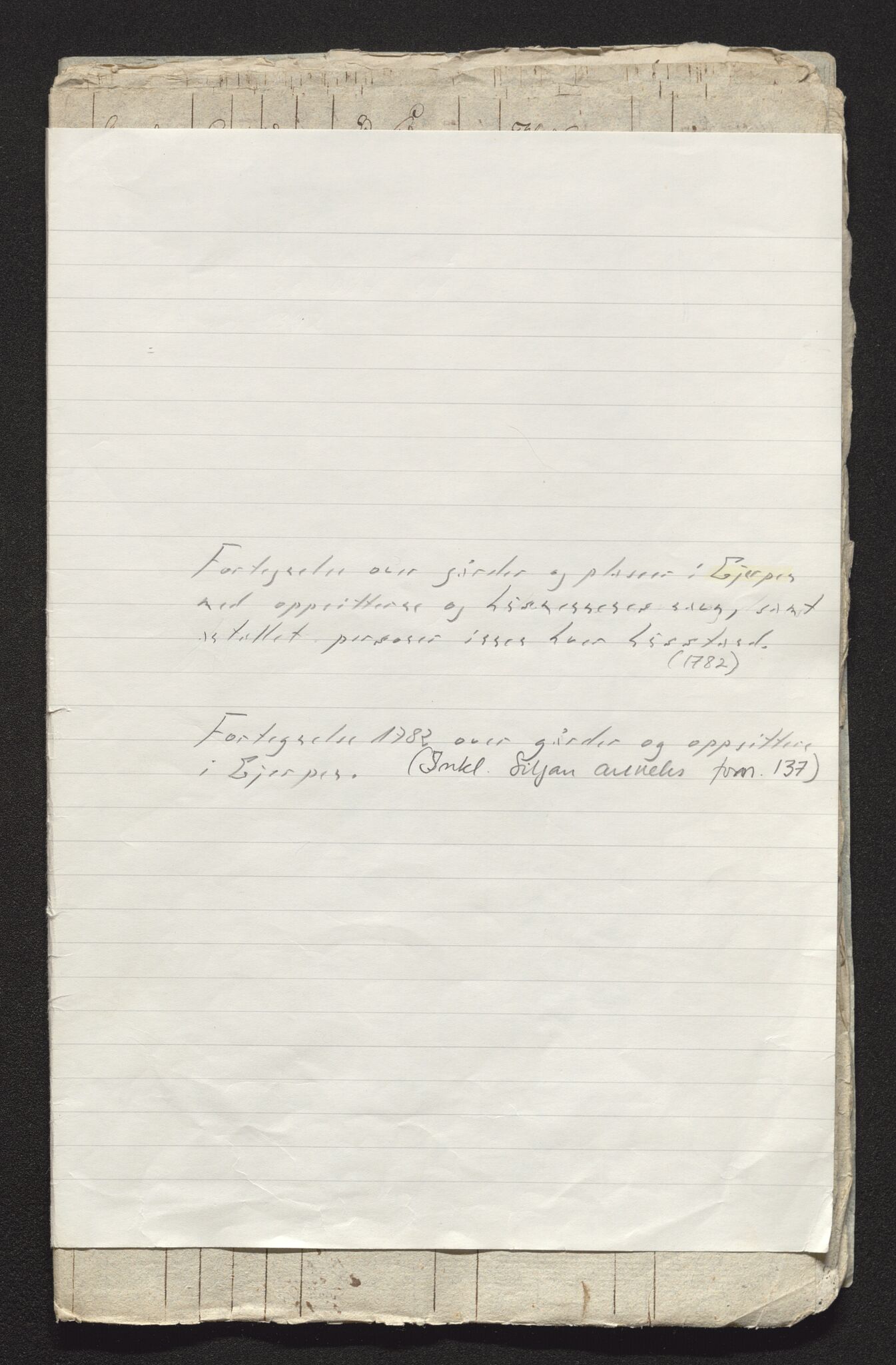 Bratsberg len og amt, AV/SAKO-A-943/I/I34/L0342/0013: Diverse manntall og fortegnelser / Fortegnelse over gårder og husmannsplasser i Gjerpen prestegjeld, 1782, s. 1