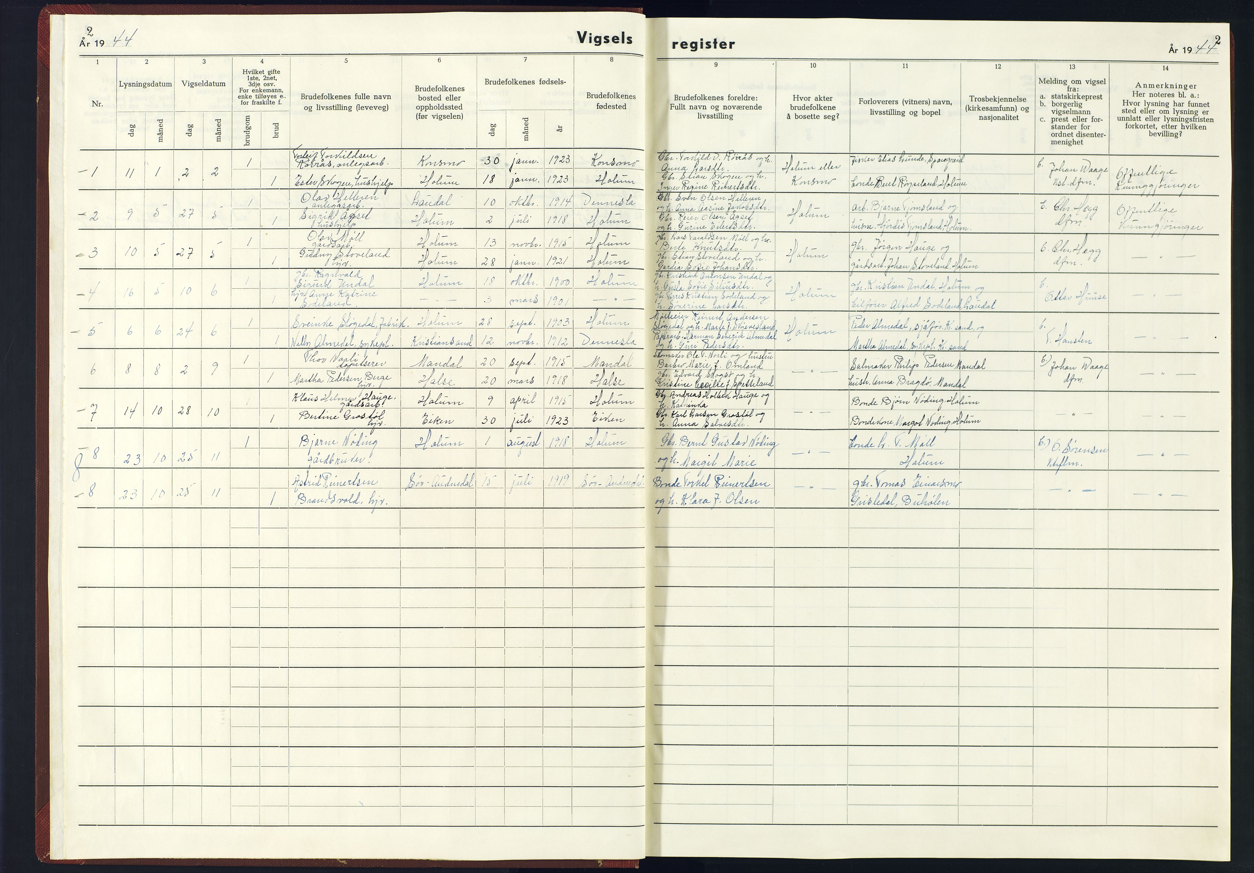 Holum sokneprestkontor, AV/SAK-1111-0022/J/Jb/L0004: Vigselsregister nr. II.6.4, 1943-1945, s. 2