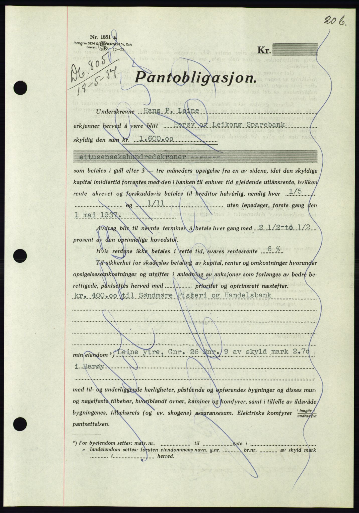 Søre Sunnmøre sorenskriveri, AV/SAT-A-4122/1/2/2C/L0063: Pantebok nr. 57, 1937-1937, Dagboknr: 805/1937