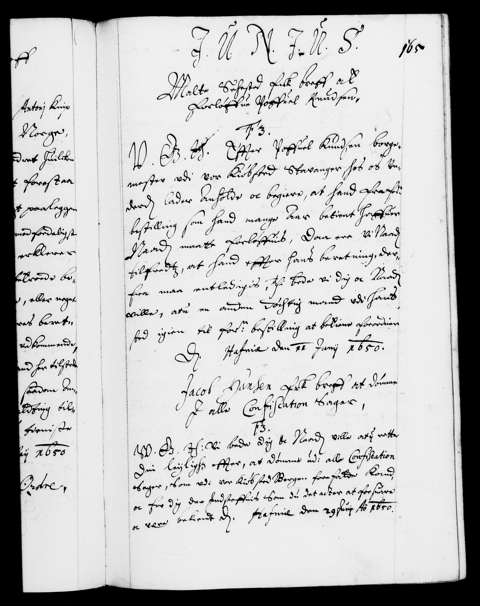 Danske Kanselli 1572-1799, RA/EA-3023/F/Fc/Fca/Fcab/L0008: Norske tegnelser (mikrofilm), 1648-1652, s. 165a
