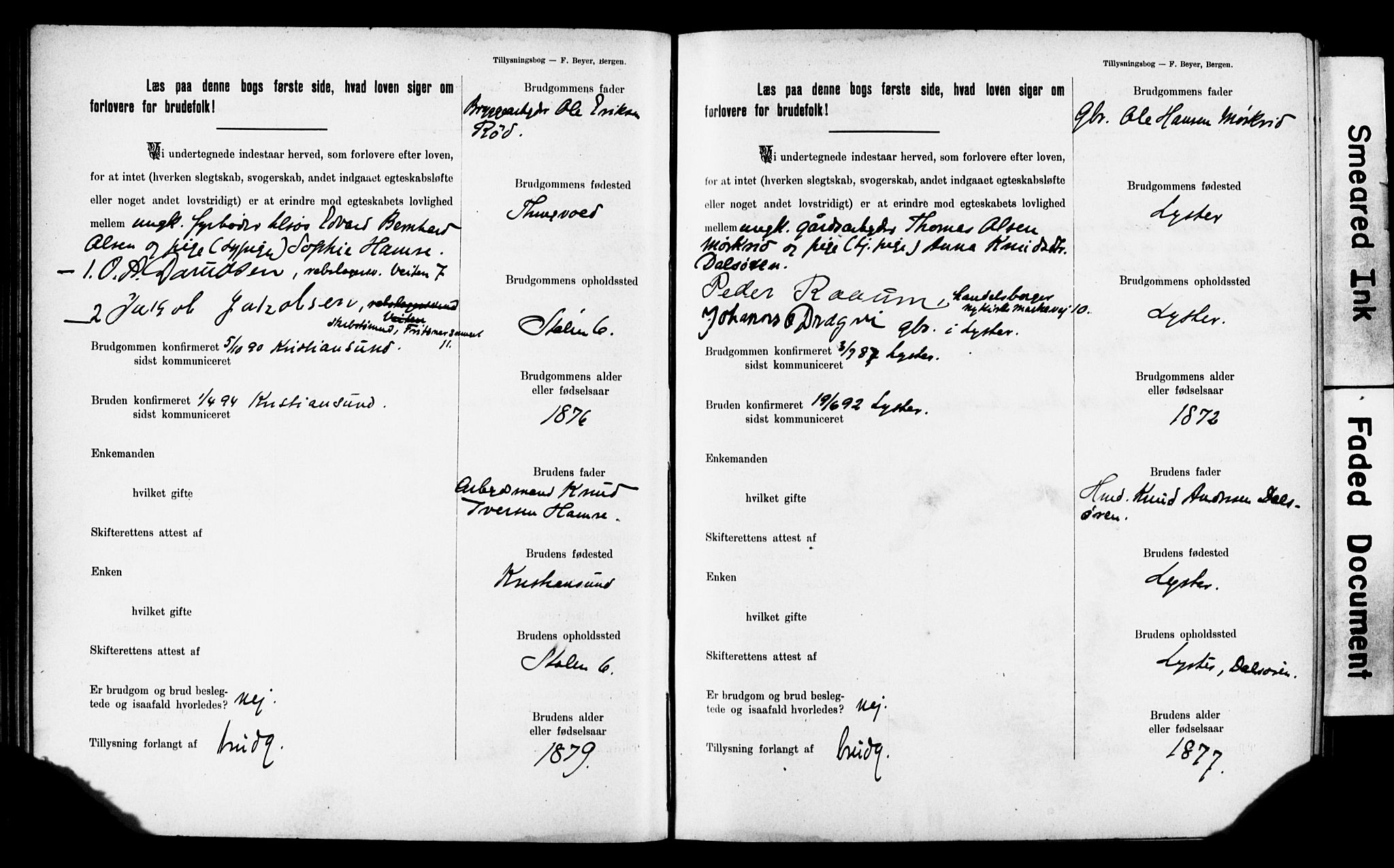 Mariakirken Sokneprestembete, AV/SAB-A-76901: Forlovererklæringer nr. II.5.2, 1901-1909, s. 55