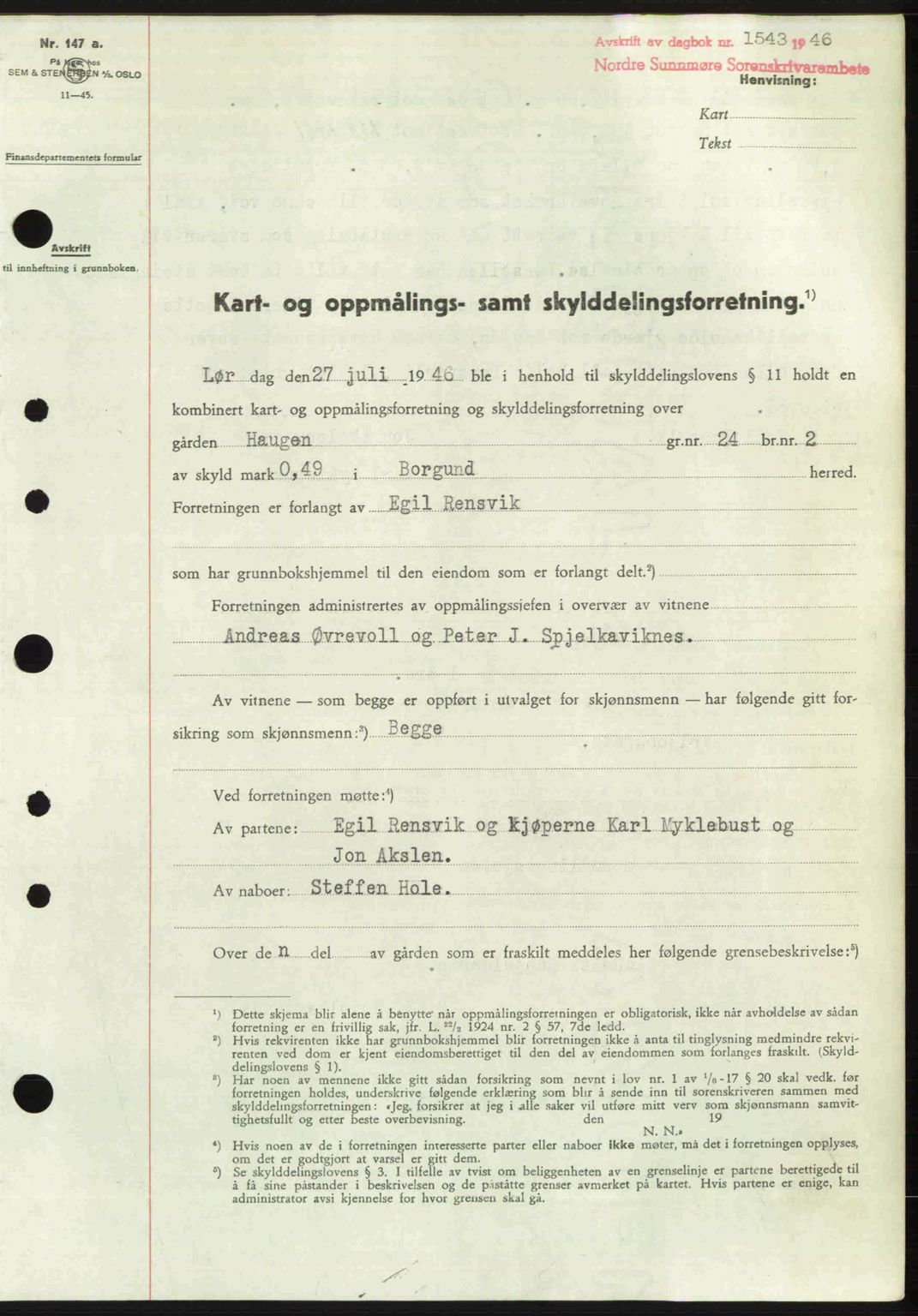 Nordre Sunnmøre sorenskriveri, SAT/A-0006/1/2/2C/2Ca: Pantebok nr. A22, 1946-1946, Dagboknr: 1443/1946