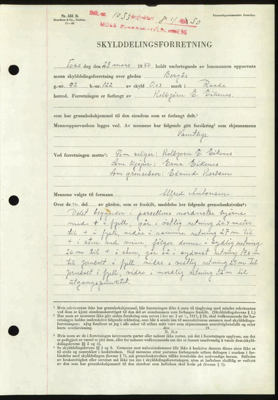 Moss sorenskriveri, SAO/A-10168: Pantebok nr. A25, 1950-1950, Dagboknr: 1053/1950