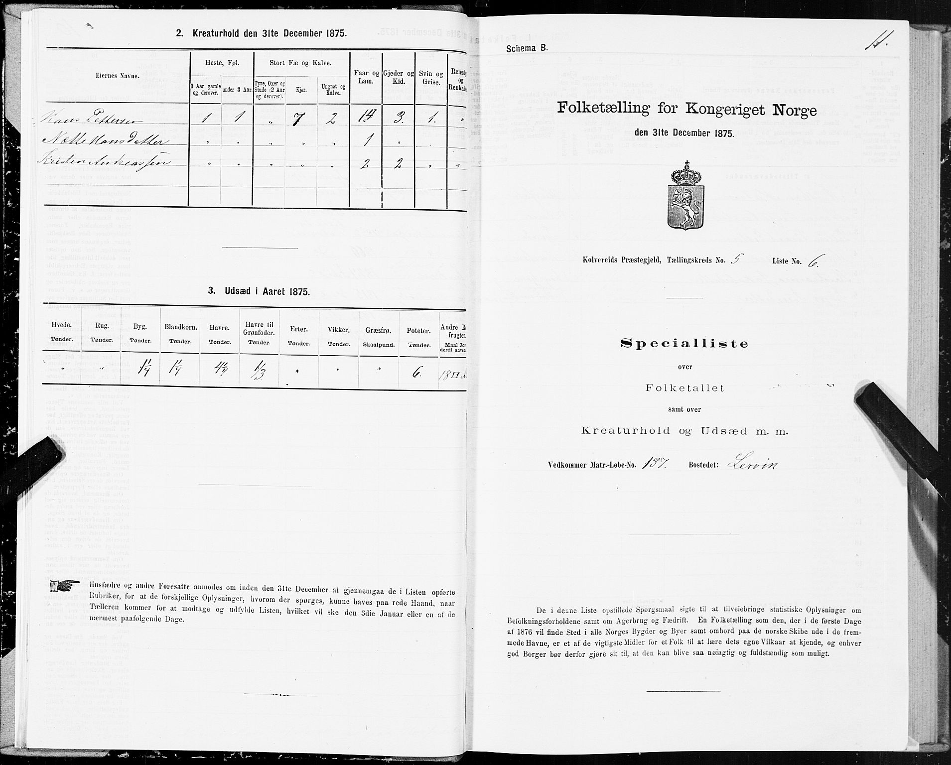 SAT, Folketelling 1875 for 1752P Kolvereid prestegjeld, 1875, s. 3011