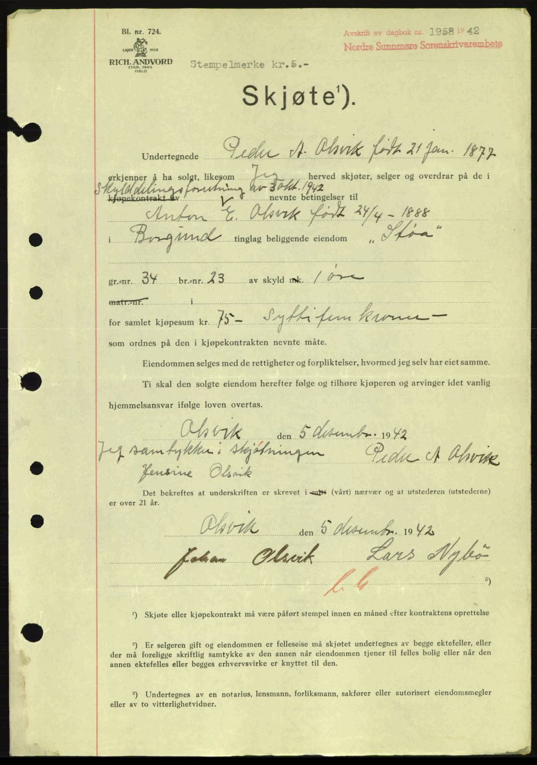 Nordre Sunnmøre sorenskriveri, AV/SAT-A-0006/1/2/2C/2Ca: Pantebok nr. A15, 1942-1943, Dagboknr: 1958/1942