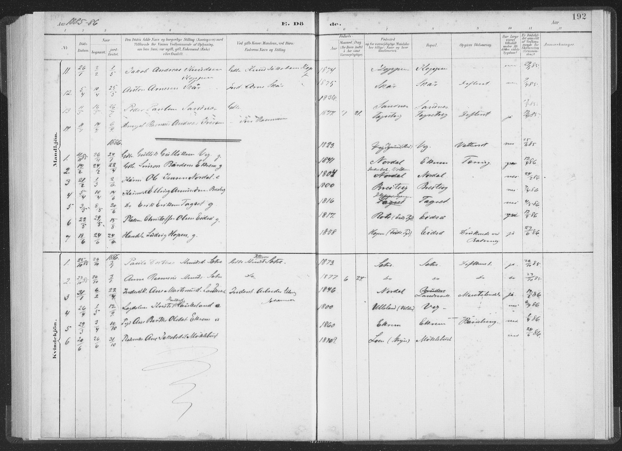Ministerialprotokoller, klokkerbøker og fødselsregistre - Møre og Romsdal, SAT/A-1454/502/L0025: Ministerialbok nr. 502A03, 1885-1909, s. 192