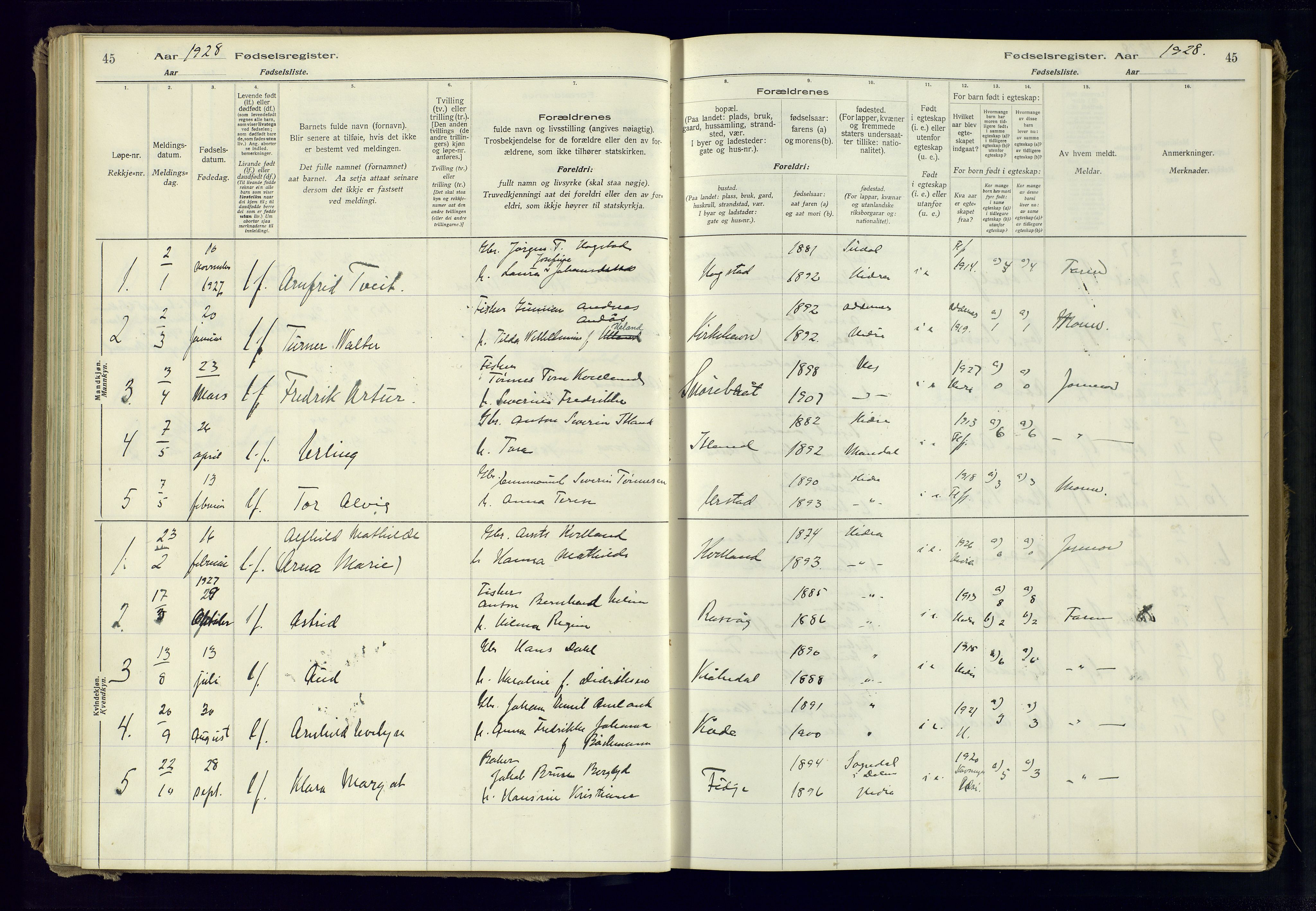 Flekkefjord sokneprestkontor, AV/SAK-1111-0012/J/Ja/L0007: Fødselsregister nr. 7, 1916-1982, s. 45