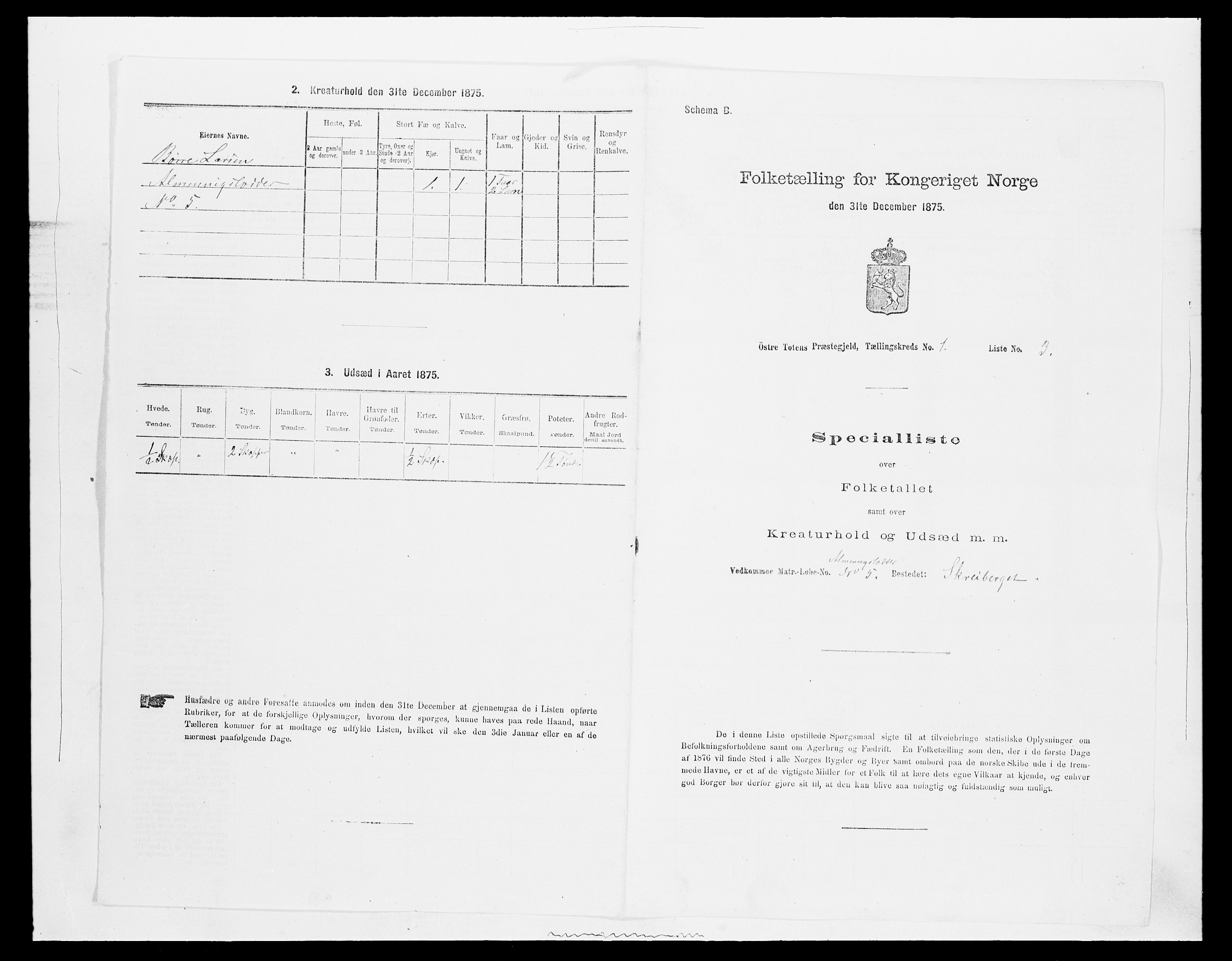 SAH, Folketelling 1875 for 0528P Østre Toten prestegjeld, 1875, s. 186