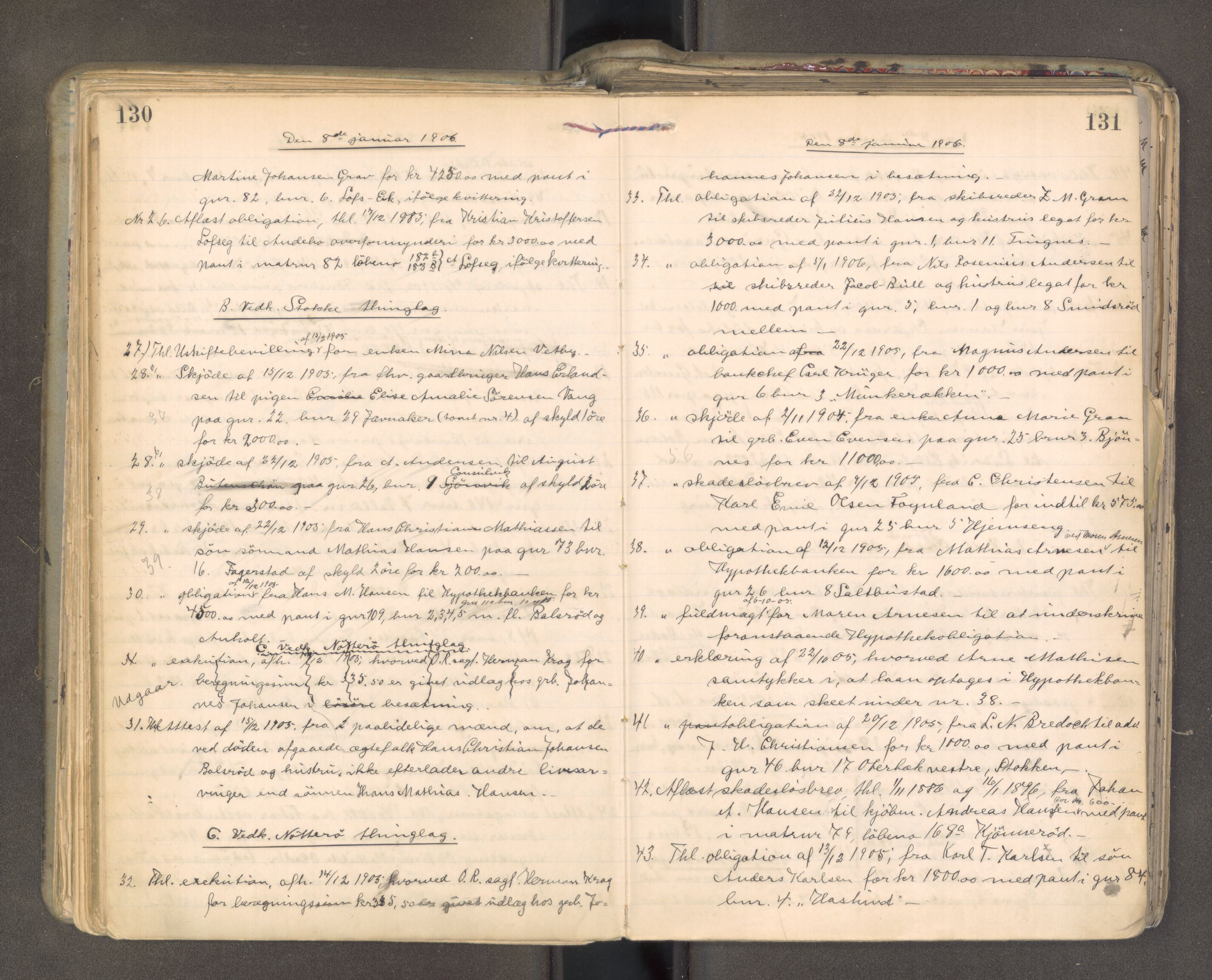 Søndre Jarlsberg sorenskriveri, AV/SAKO-A-129/F/Fa/L0045: Tingbok, 1905-1907, s. 130-131