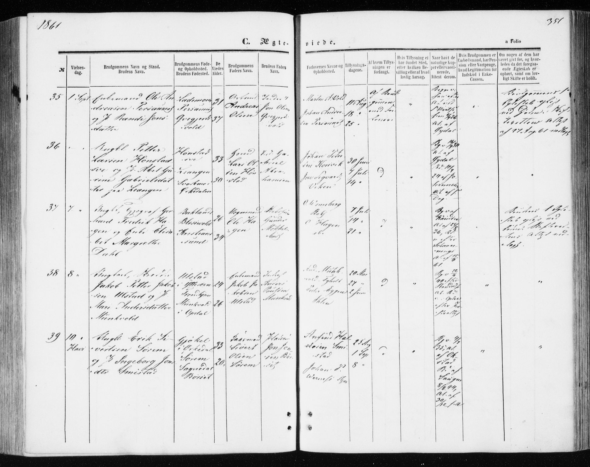 Ministerialprotokoller, klokkerbøker og fødselsregistre - Sør-Trøndelag, SAT/A-1456/606/L0292: Ministerialbok nr. 606A07, 1856-1865, s. 351