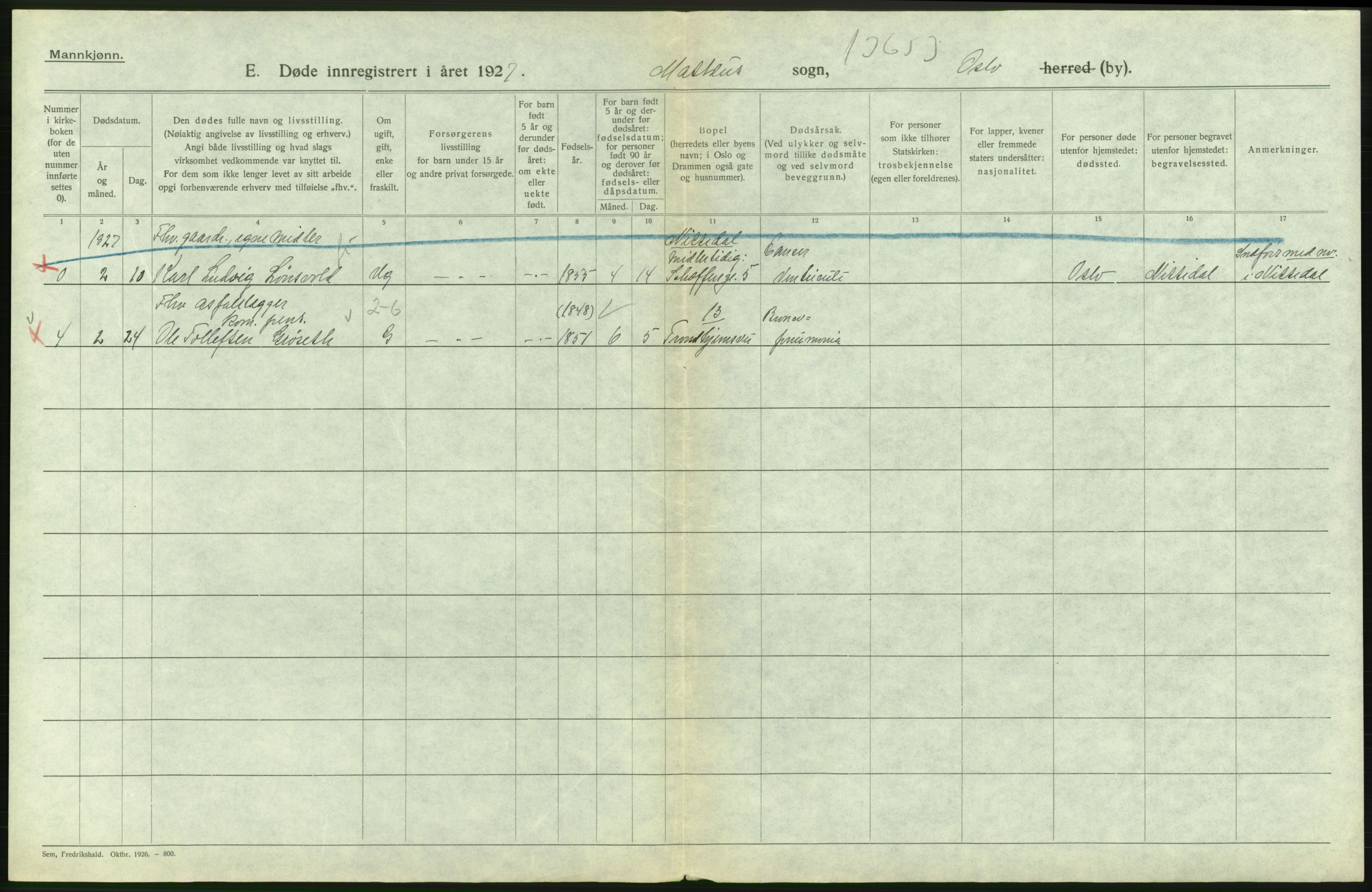 Statistisk sentralbyrå, Sosiodemografiske emner, Befolkning, RA/S-2228/D/Df/Dfc/Dfcg/L0009: Oslo: Døde menn, 1927, s. 304