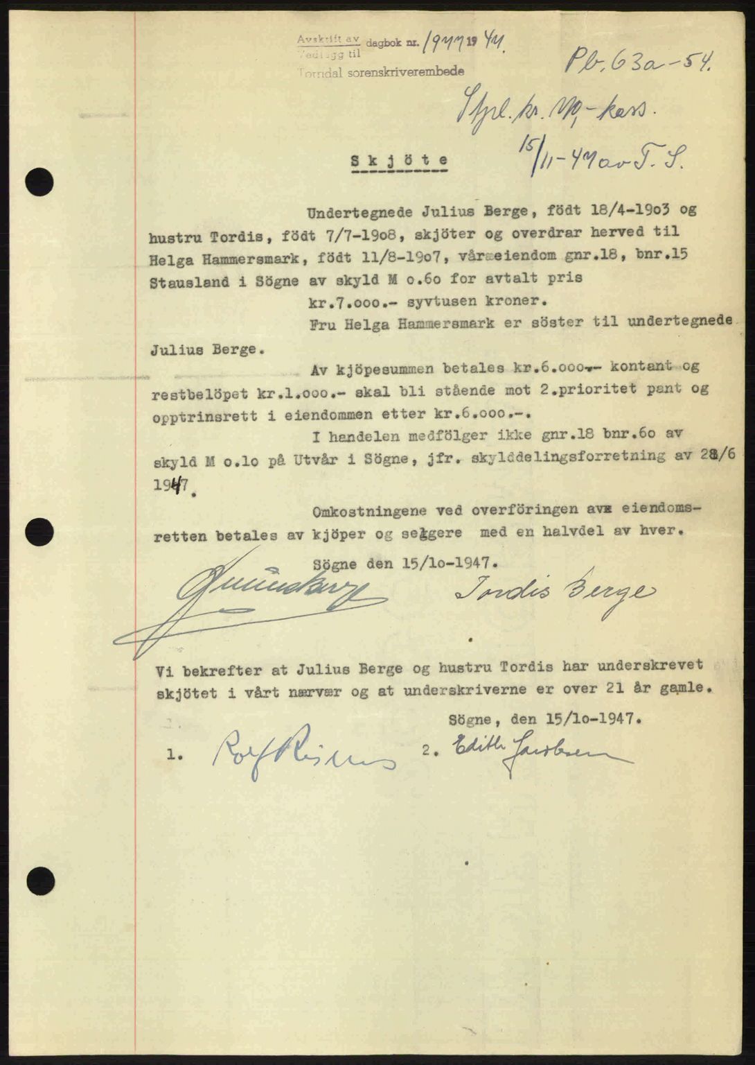Torridal sorenskriveri, AV/SAK-1221-0012/G/Gb/Gba/L0073: Pantebok nr. 63A, 1947-1948, Dagboknr: 1977/1947