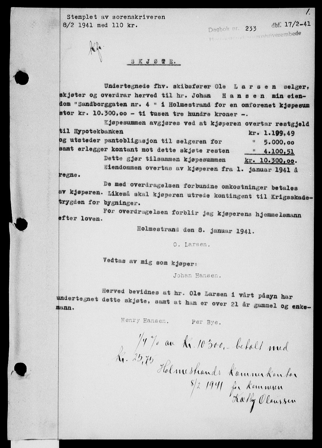 Holmestrand sorenskriveri, SAKO/A-67/G/Ga/Gaa/L0053: Pantebok nr. A-53, 1941-1941, Dagboknr: 233/1941