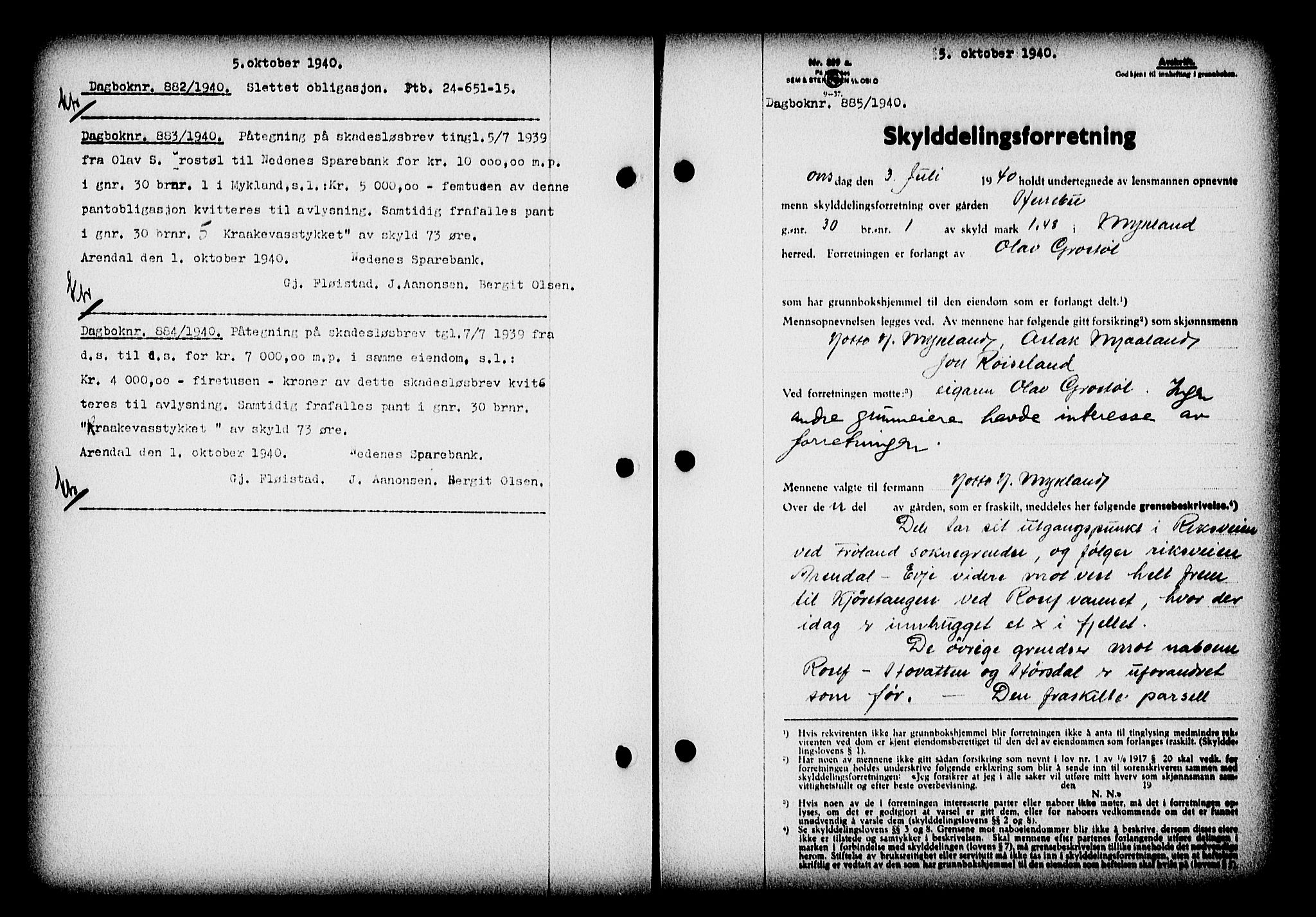 Nedenes sorenskriveri, AV/SAK-1221-0006/G/Gb/Gba/L0047: Pantebok nr. A-I, 1939-1940, Dagboknr: 885/1940