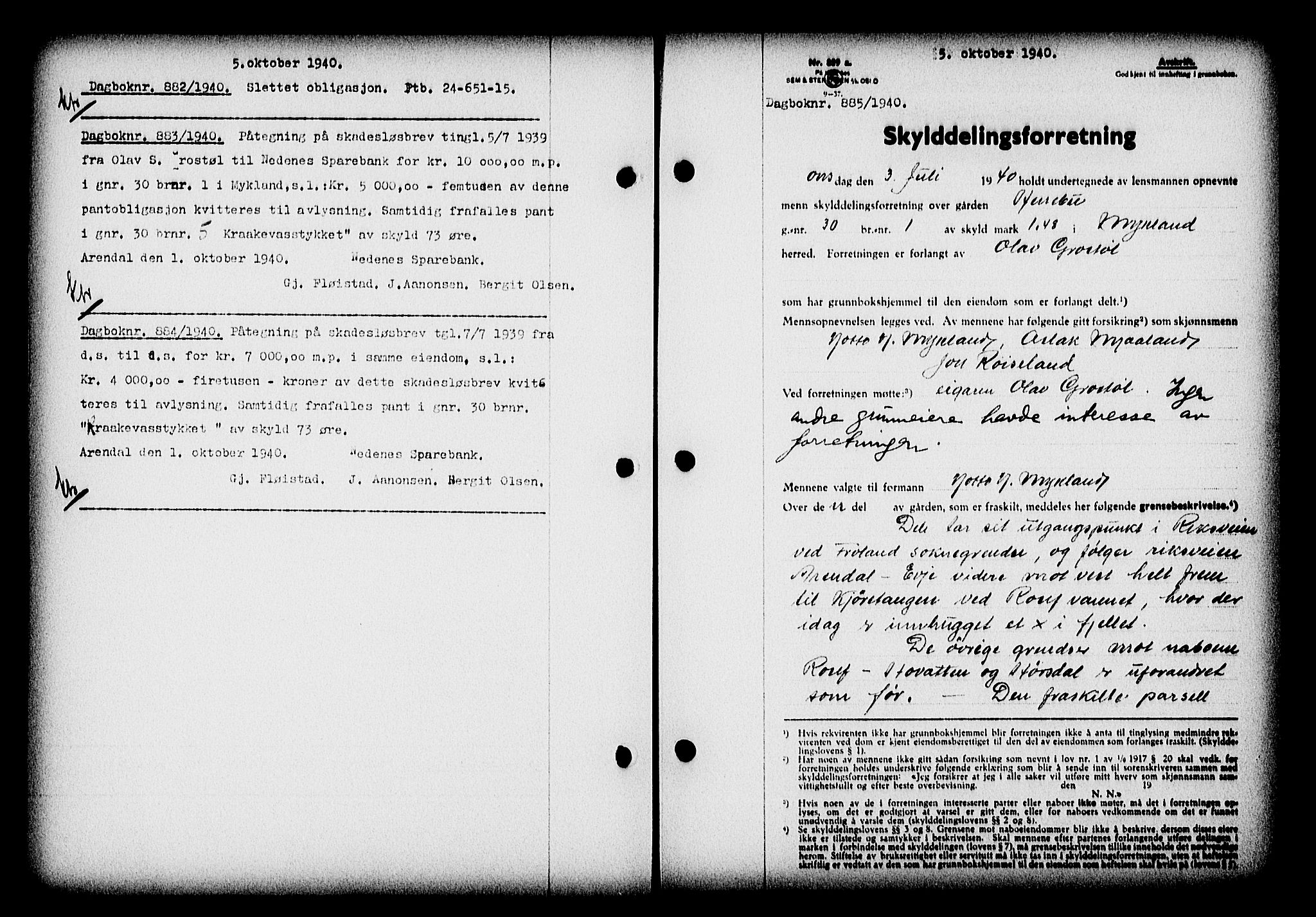 Nedenes sorenskriveri, SAK/1221-0006/G/Gb/Gba/L0047: Pantebok nr. A-I, 1939-1940, Dagboknr: 885/1940