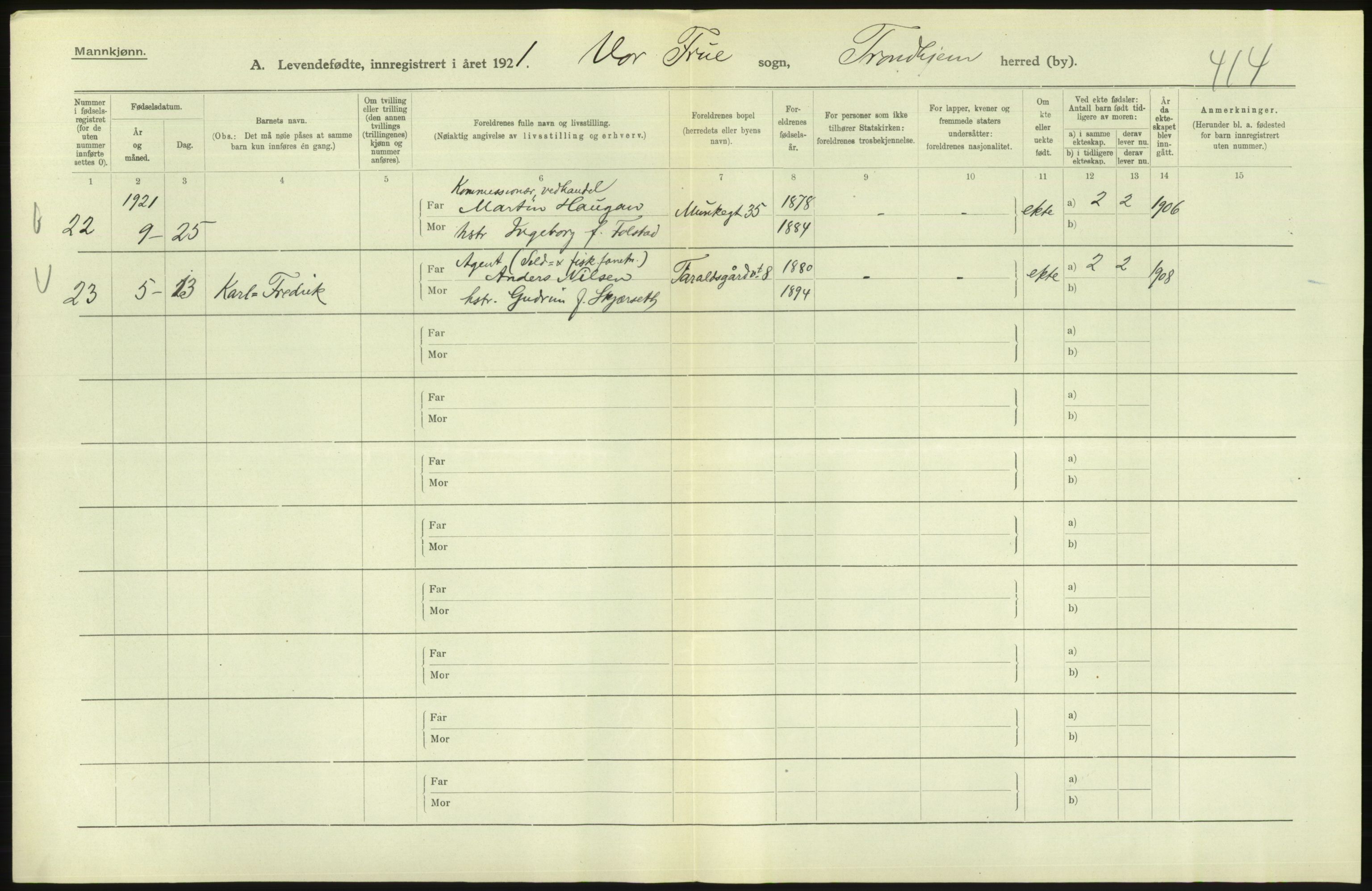 Statistisk sentralbyrå, Sosiodemografiske emner, Befolkning, AV/RA-S-2228/D/Df/Dfc/Dfca/L0045: Trondheim: Levendefødte menn og kvinner, gifte., 1921, s. 646