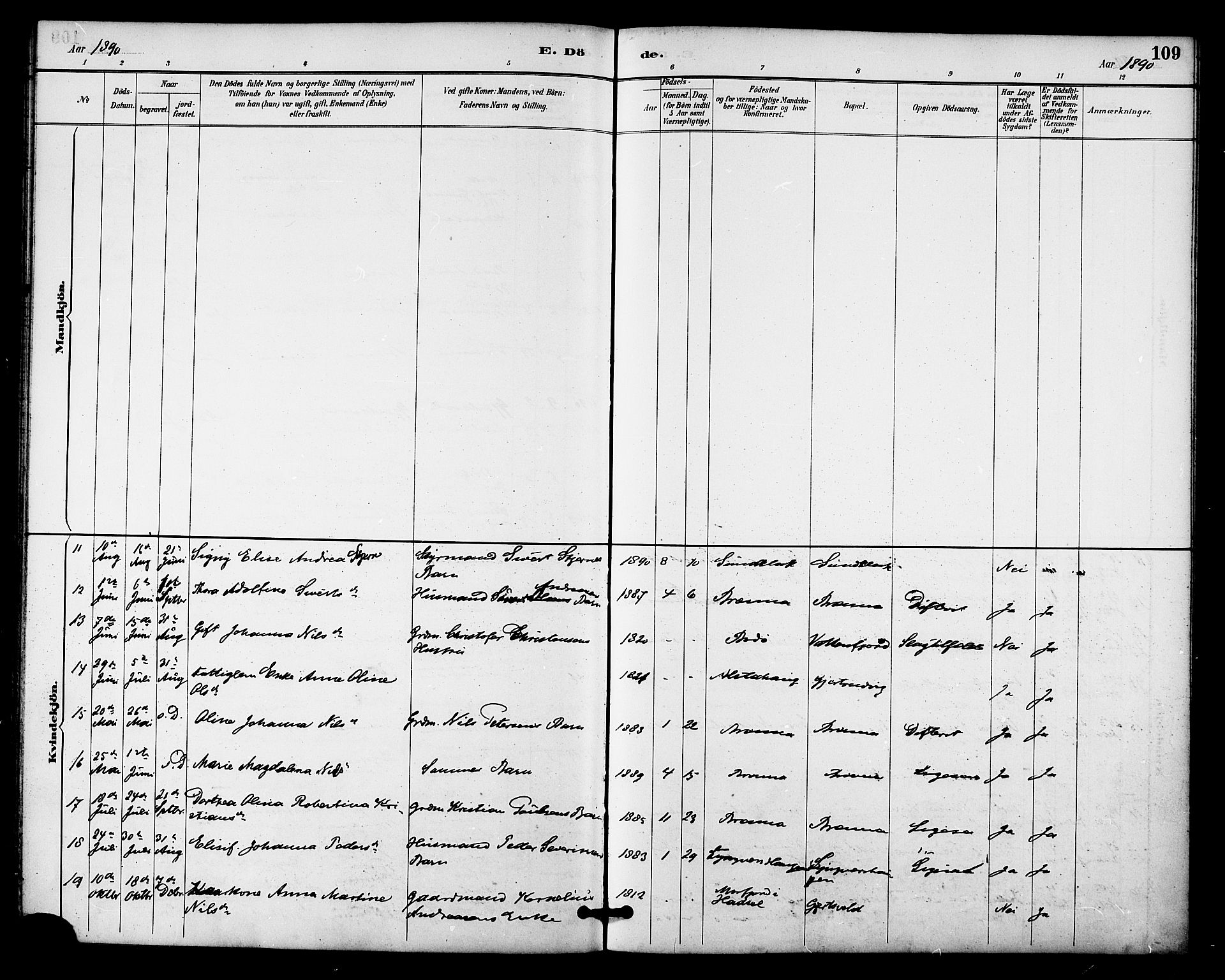 Ministerialprotokoller, klokkerbøker og fødselsregistre - Nordland, AV/SAT-A-1459/876/L1097: Ministerialbok nr. 876A03, 1886-1896, s. 109