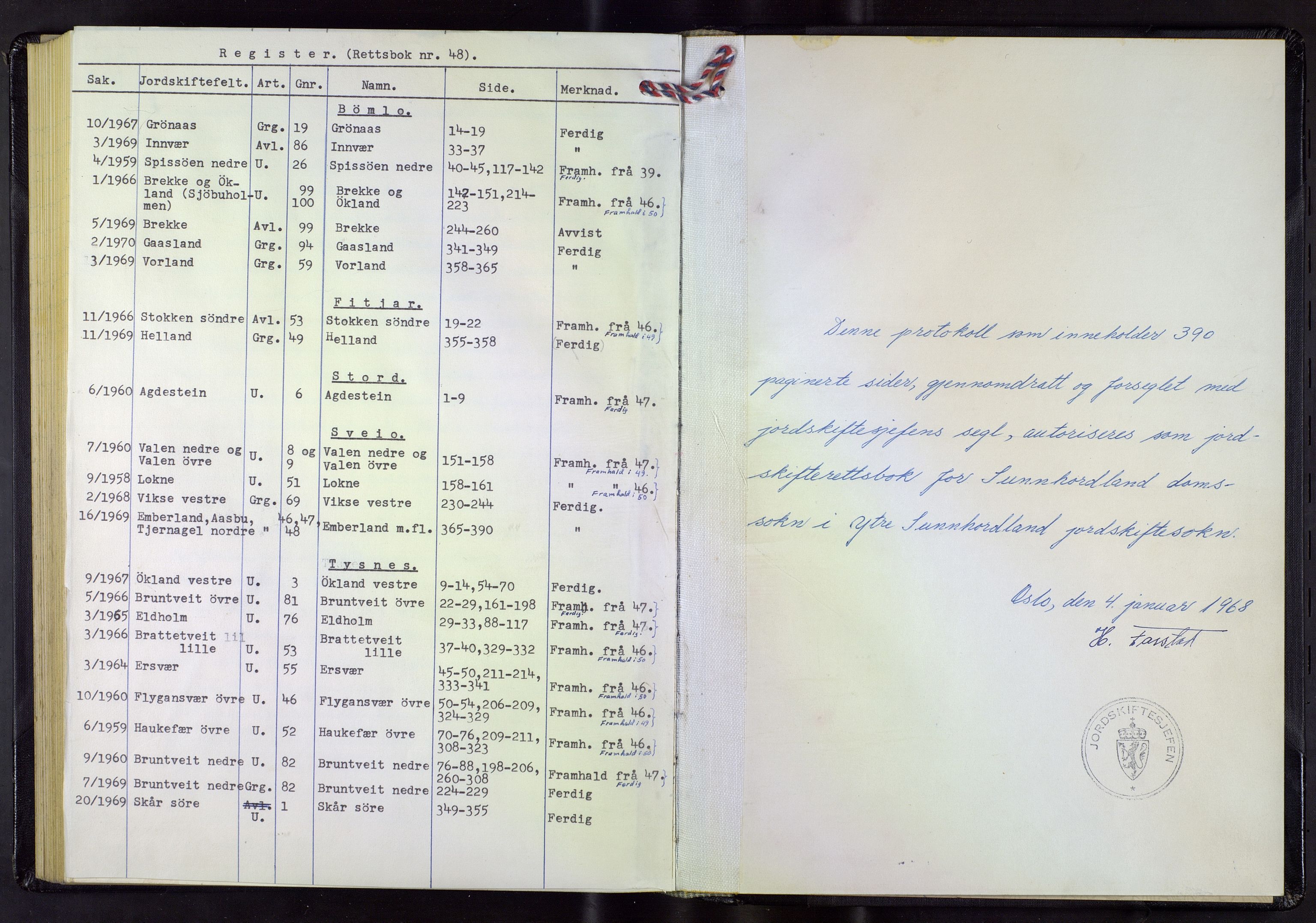 Hordaland jordskiftedøme - VI Sunnhordland jordskiftedistrikt, SAB/A-7301/A/Aa/L0048: Forhandlingsprotokoll, 1968-1970