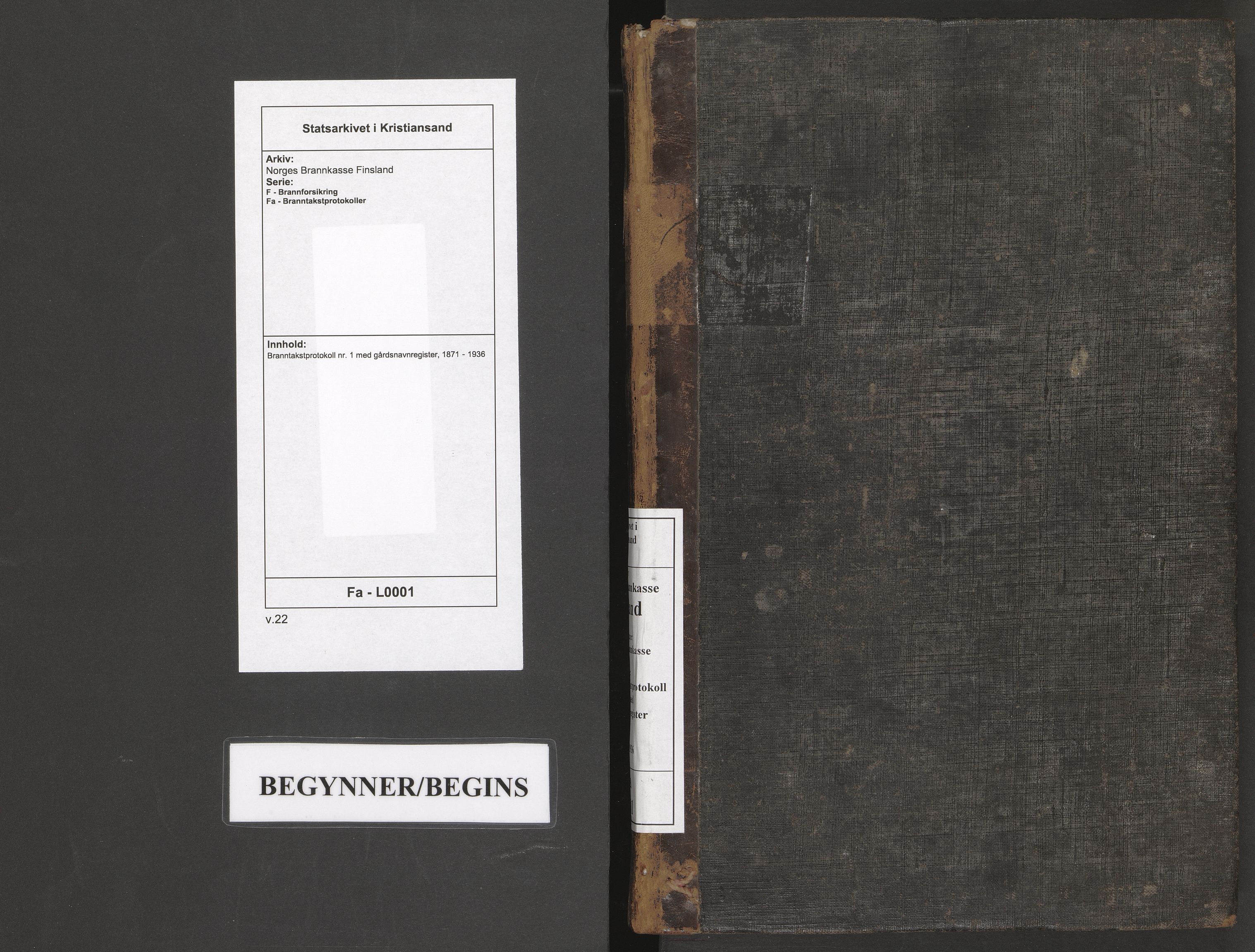 Norges Brannkasse Finsland, SAK/2241-0013/F/Fa/L0001: Branntakstprotokoll nr. 1 med gårdsnavnregister, 1871-1936