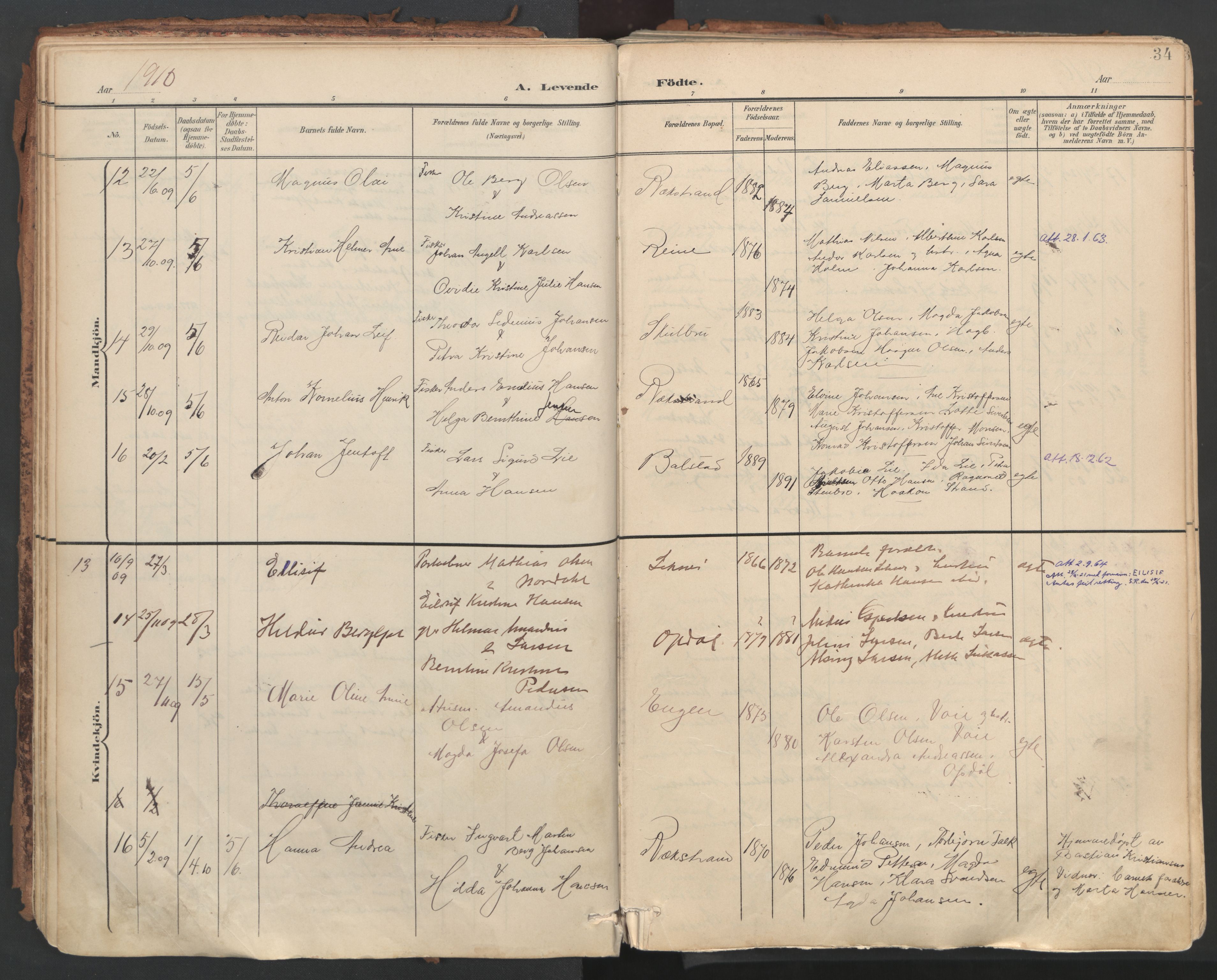 Ministerialprotokoller, klokkerbøker og fødselsregistre - Nordland, AV/SAT-A-1459/881/L1154: Ministerialbok nr. 881A07, 1907-1918, s. 34