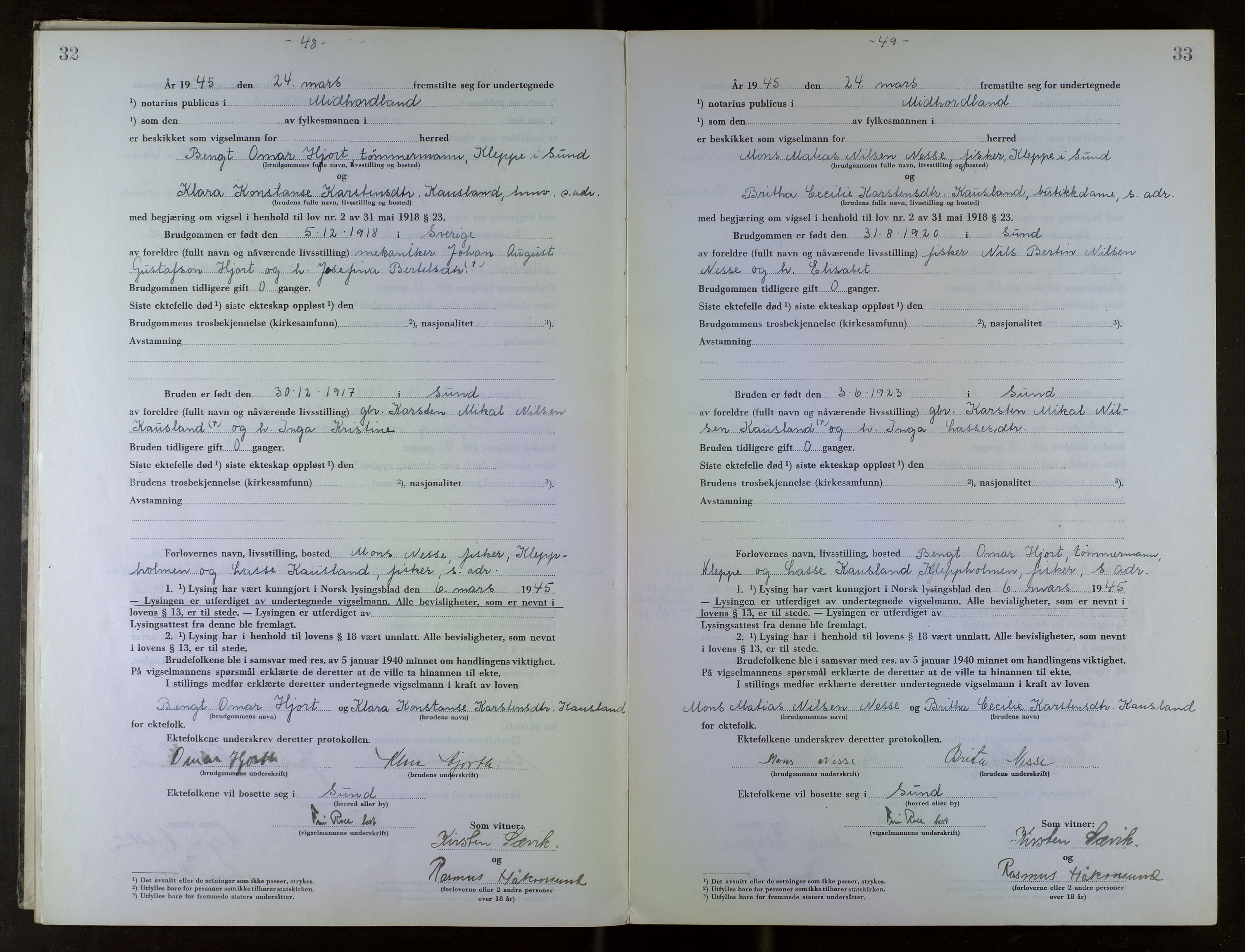 Midhordland sorenskriveri, AV/SAB-A-3001/1/M/Mc/Mca/L0007: Notarialbilag. Vigselbøker, 1945-1948, s. 32-33