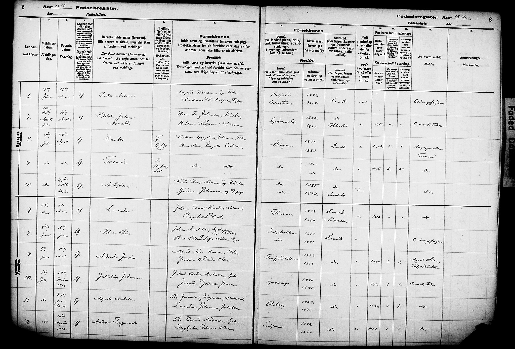 Lenvik sokneprestembete, SATØ/S-1310/I/Ic/L0089: Fødselsregister nr. 89, 1916-1926, s. 2