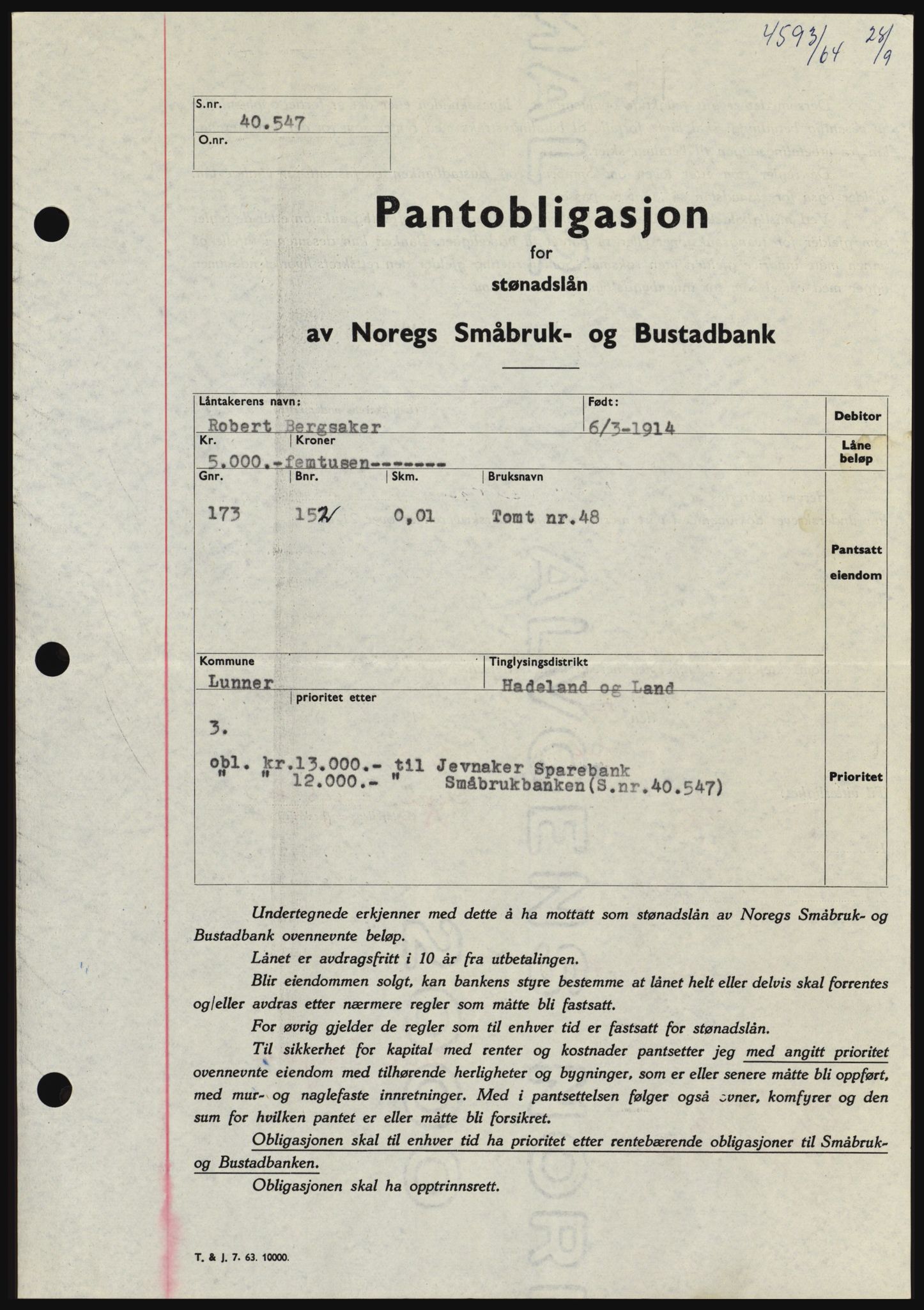 Hadeland og Land tingrett, SAH/TING-010/H/Hb/Hbc/L0056: Pantebok nr. B56, 1964-1964, Dagboknr: 4593/1964