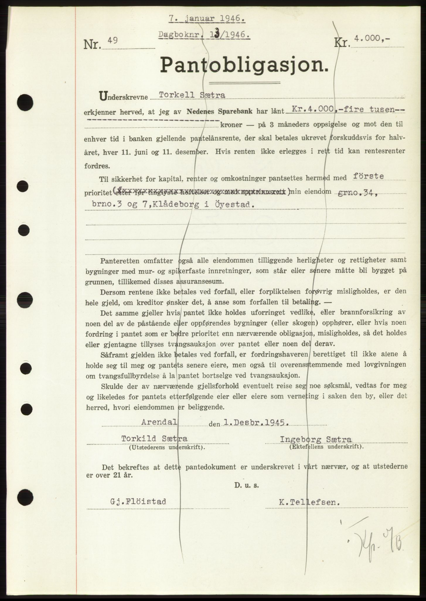 Nedenes sorenskriveri, SAK/1221-0006/G/Gb/Gbb/L0003: Pantebok nr. B3b, 1946-1946, Dagboknr: 13/1946