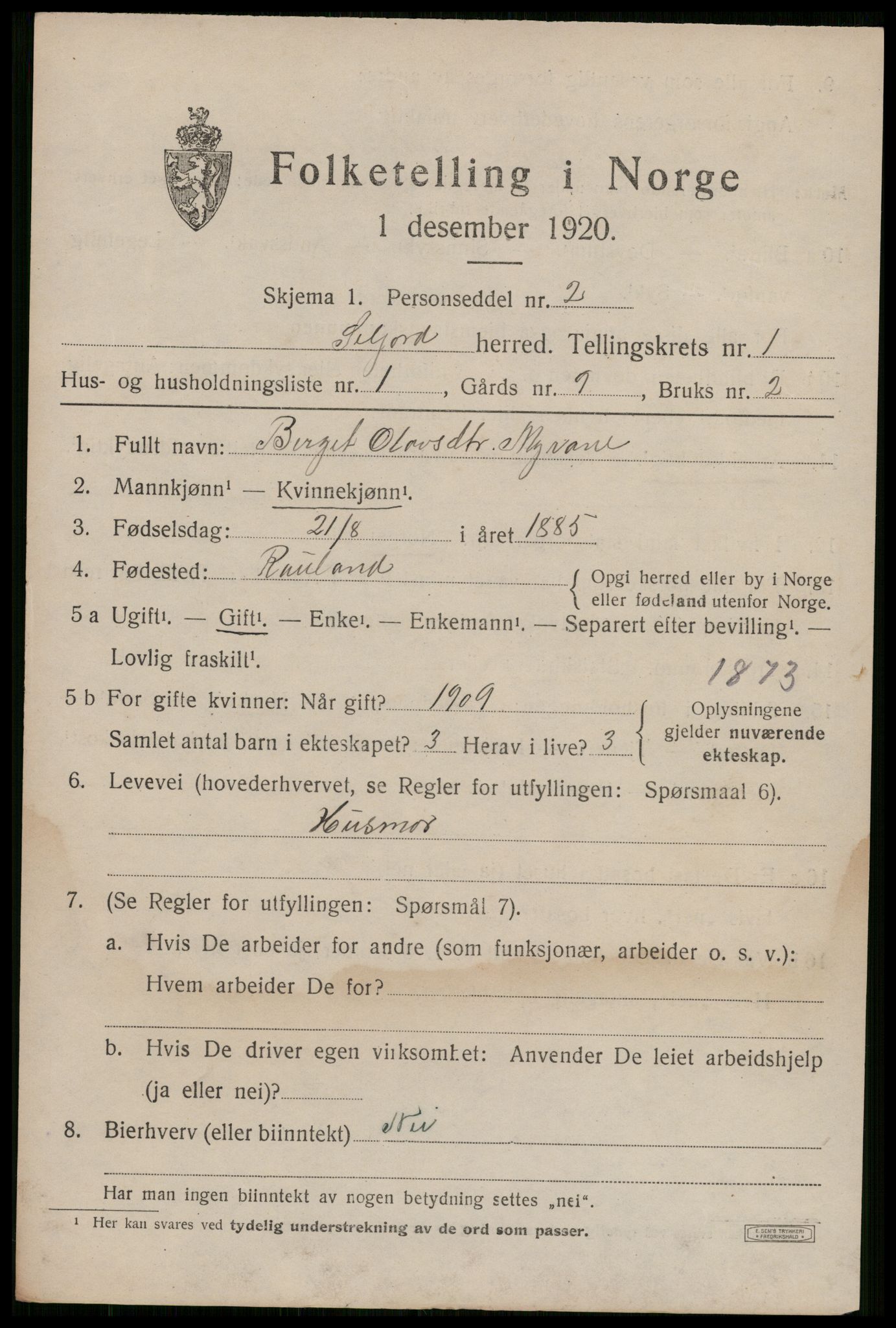 SAKO, Folketelling 1920 for 0828 Seljord herred, 1920, s. 1226